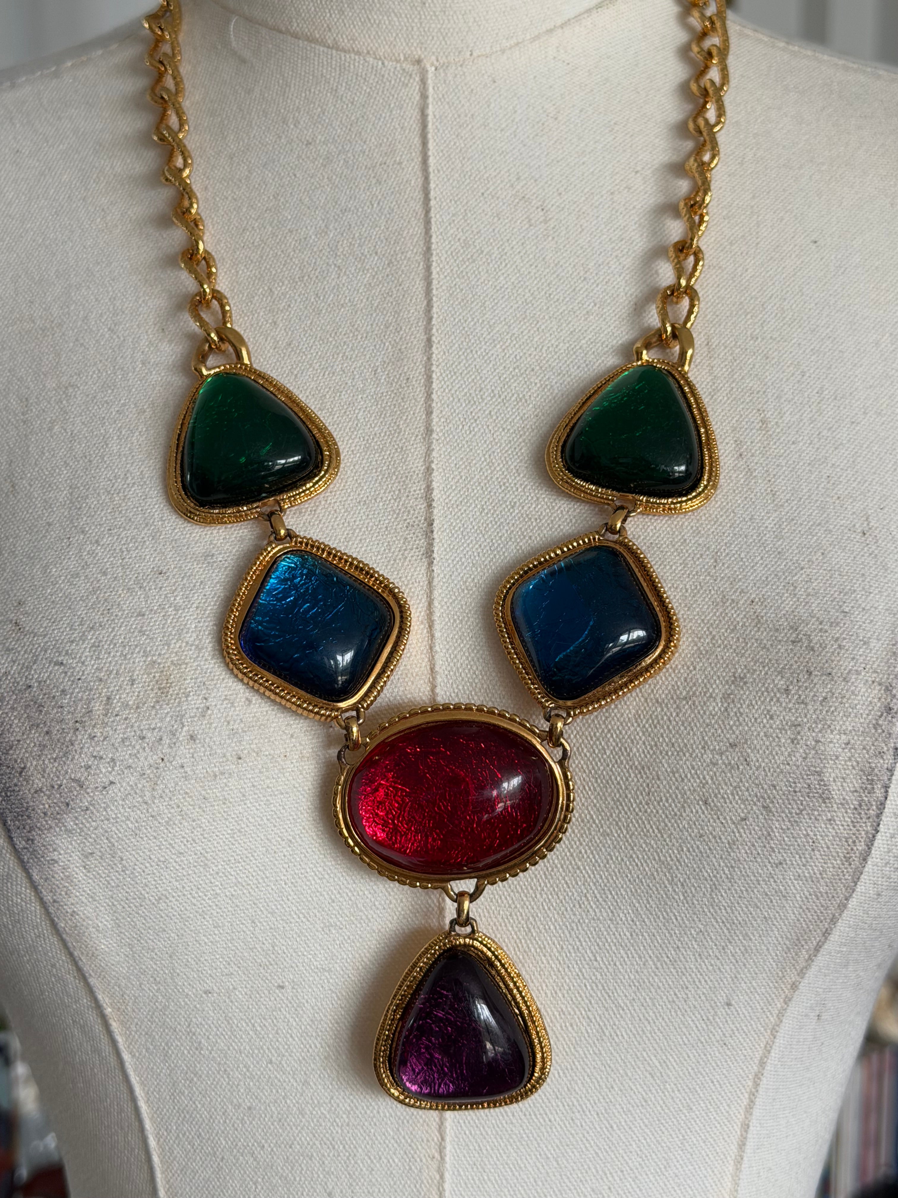 Vintage Jewel Tone Statement Necklace – Oversized Resin Cabochon Gold Chain