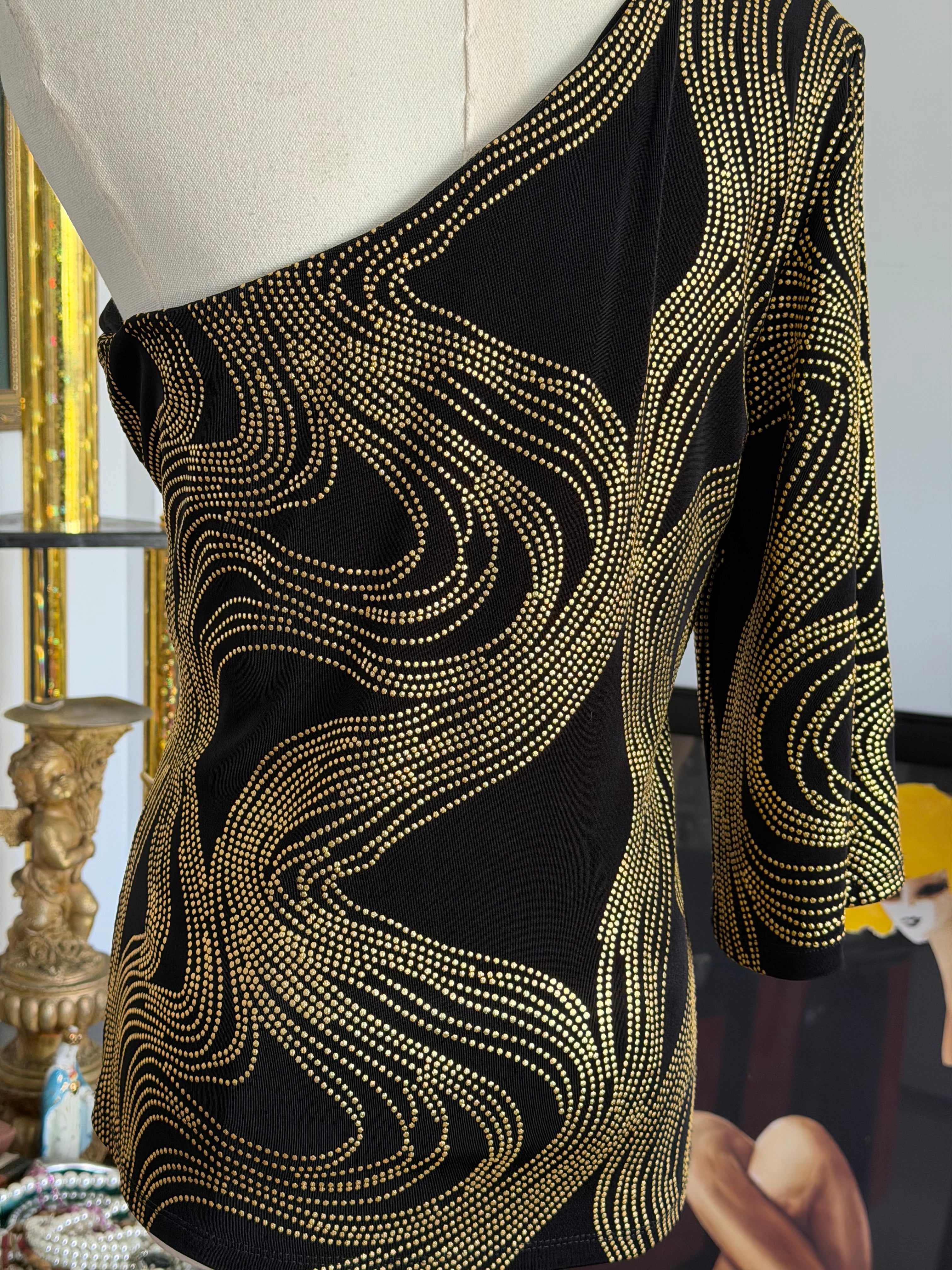 Cache Black & Gold Rhinestone One Shoulder Top