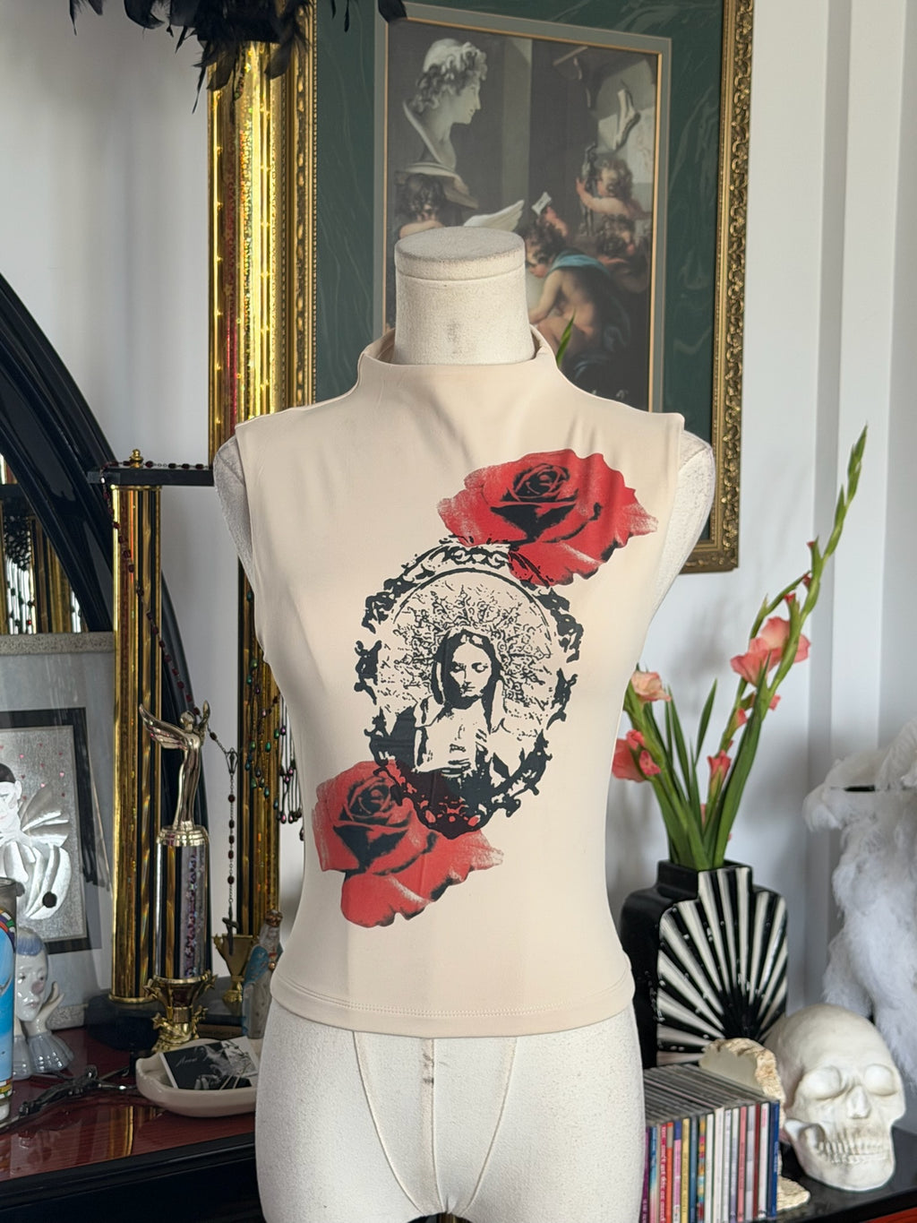 Virgin Mary Mock Neck Graphic Top