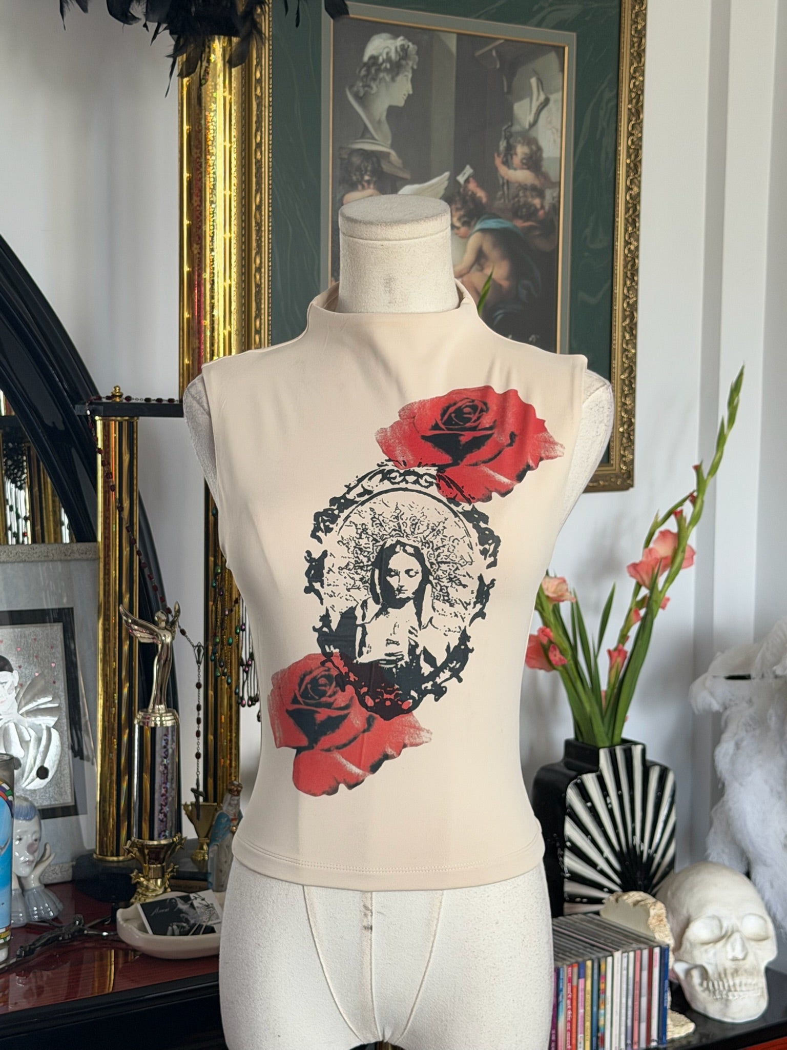 Virgin Mary Mock Neck Graphic Top