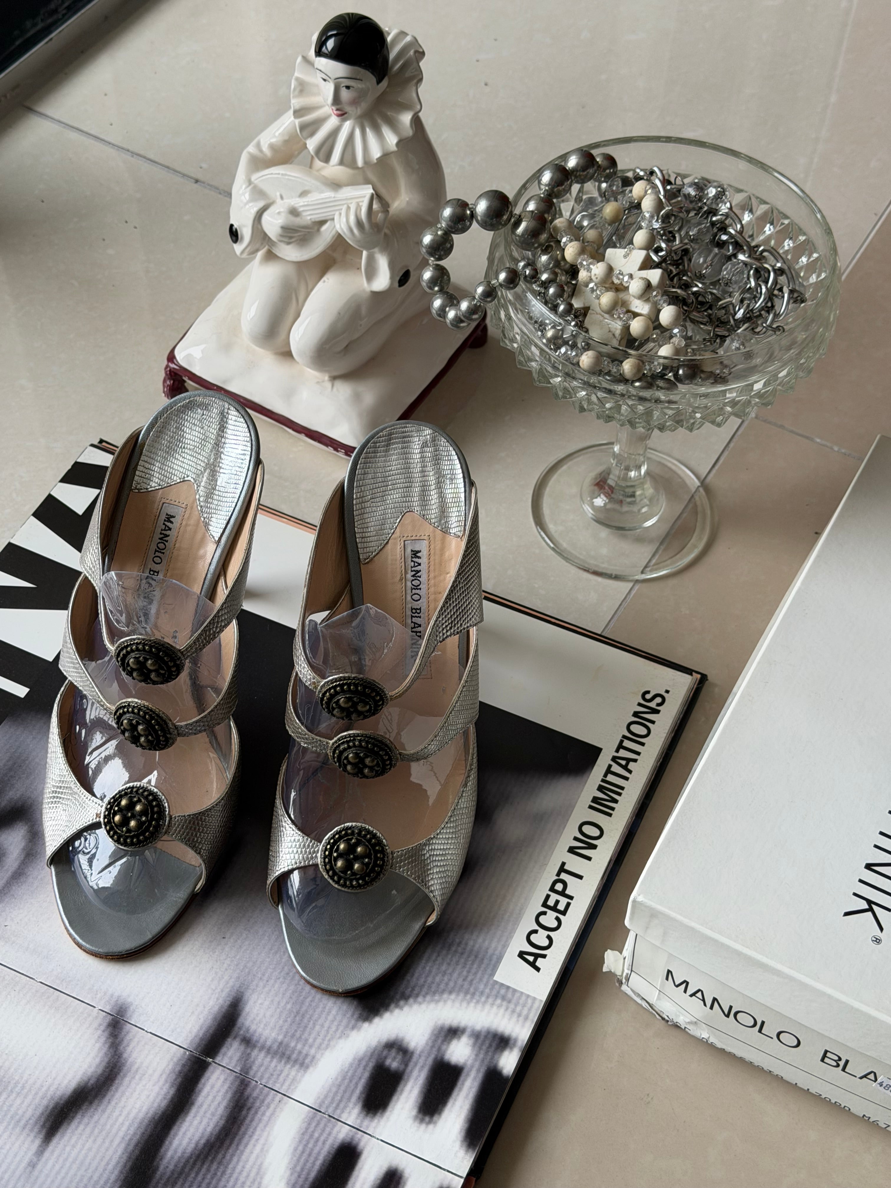 Manolo Blahnik Metallic Strappy Heels with Medallion Details – IT 41.5 (Fits IT 40 / US 10)