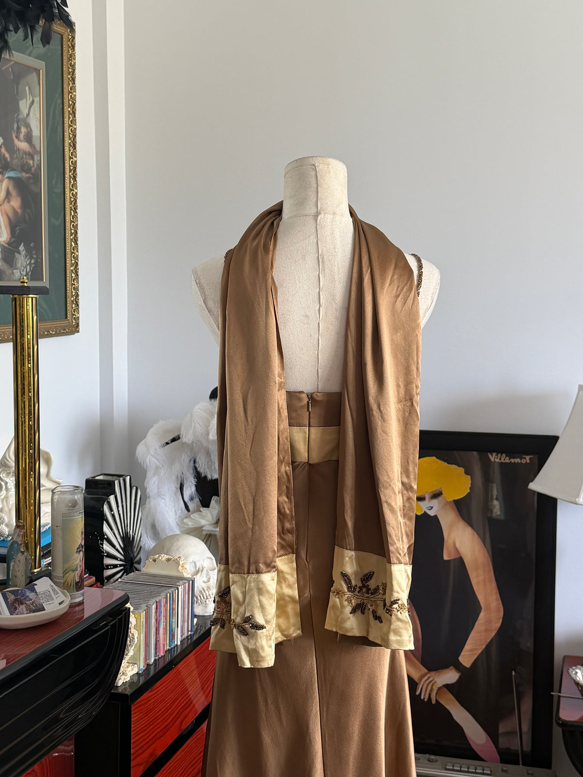 Vintage Silk Beaded Floral Bronze Evening Gown + Matching Scarf