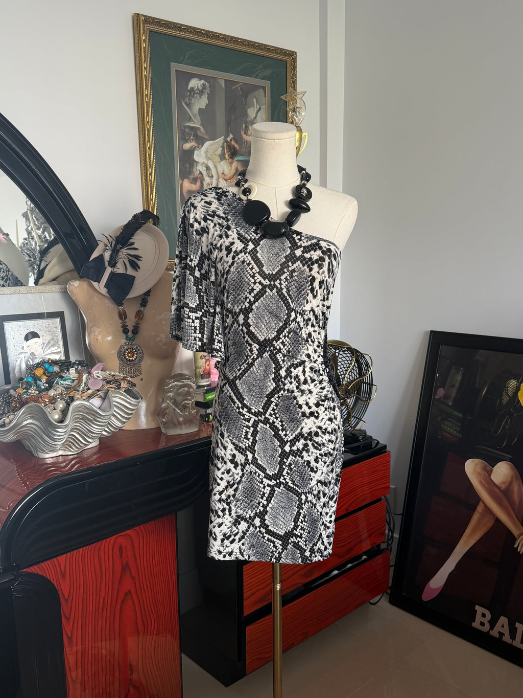 Vintage Y2K Snake Print One Shoulder Glam Dress – Made in USA