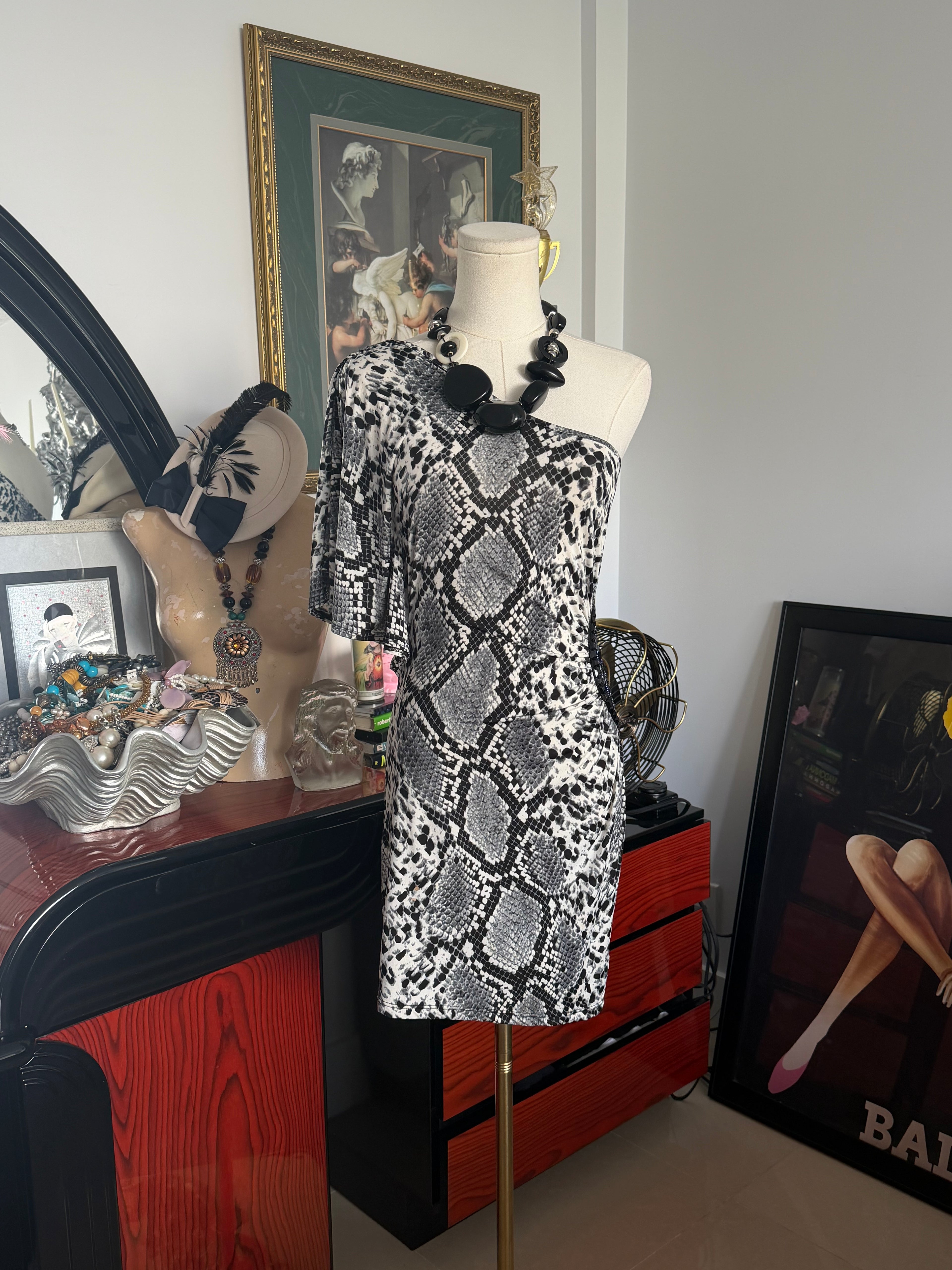 Vintage Y2K Snake Print One Shoulder Glam Dress – Made in USA