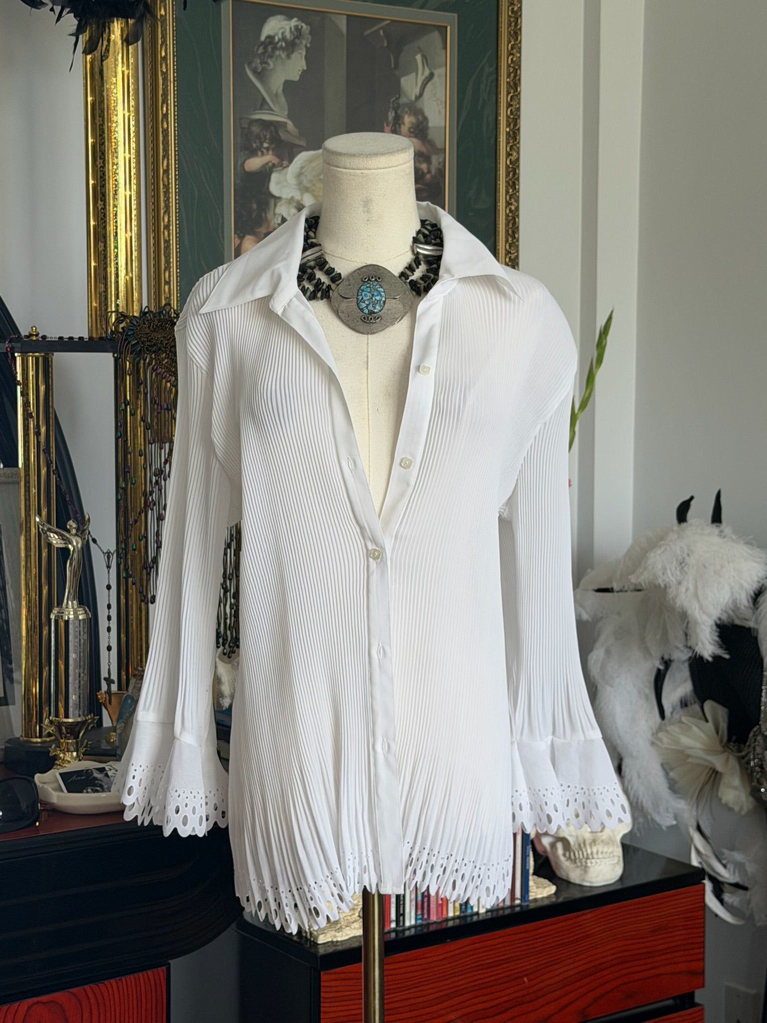 Cato White Pleated Eyelet Button-Up Blouse