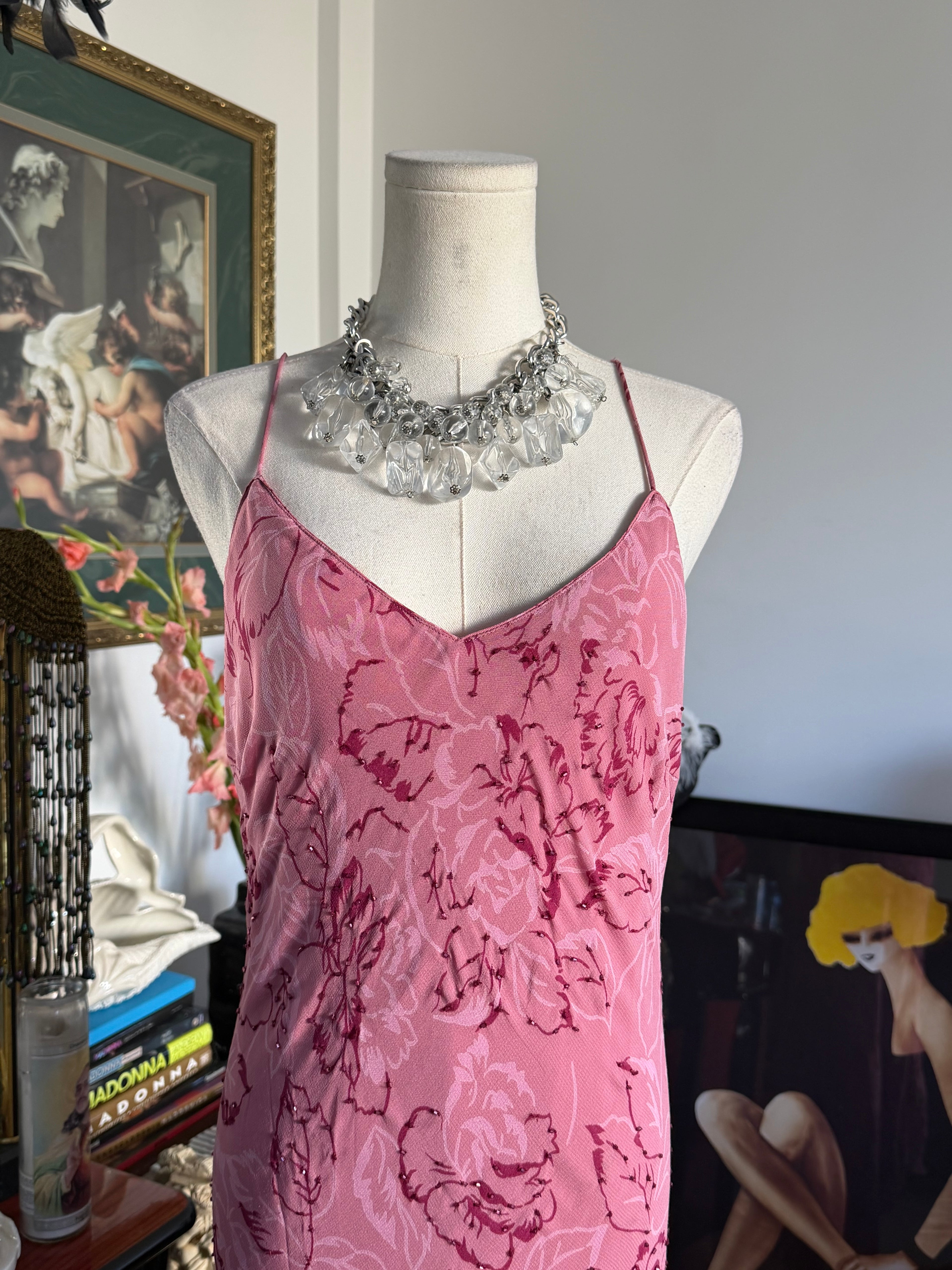 Eva Blue Pink Beaded Floral High-Low Maxi Dress L-XL