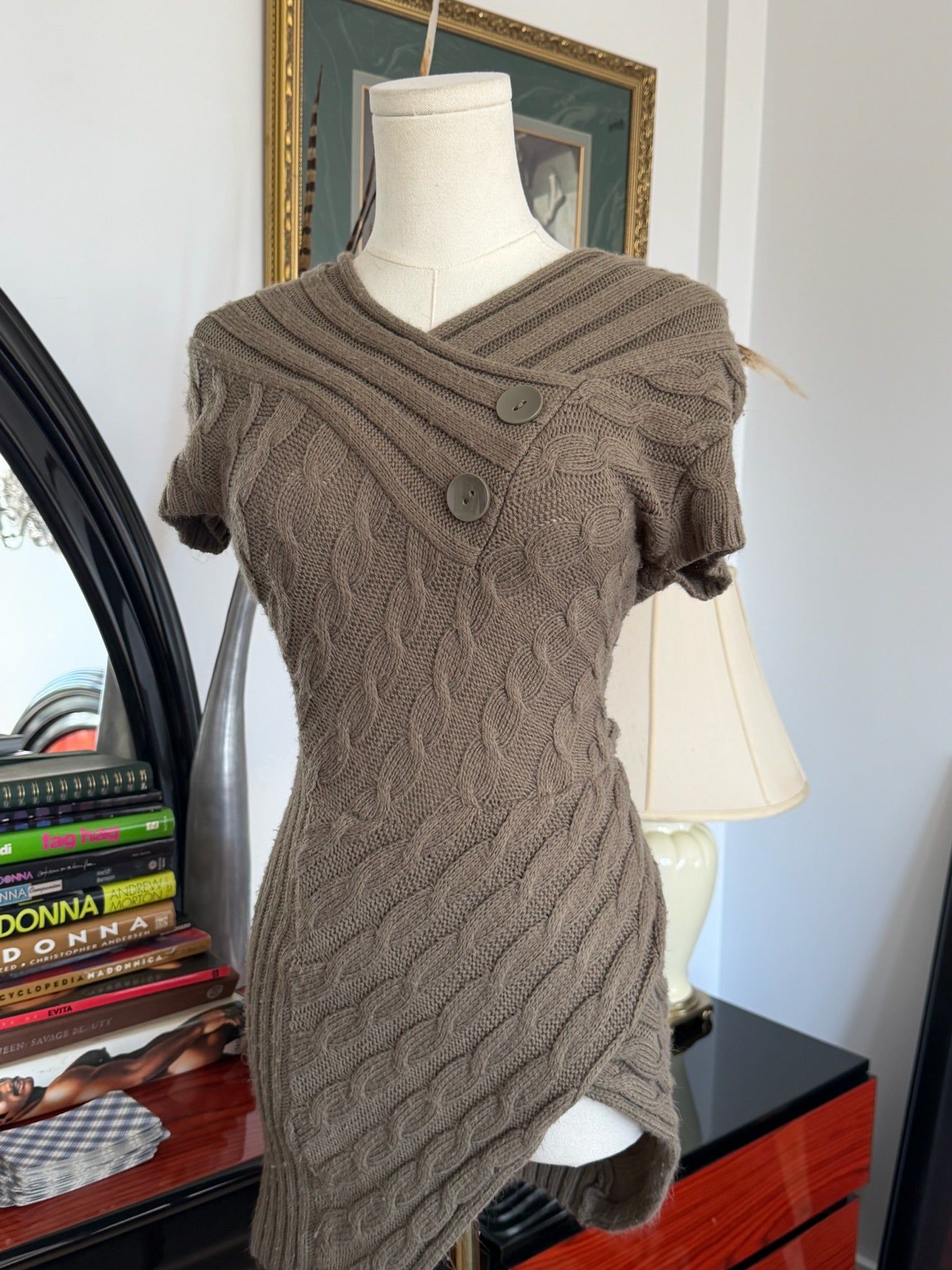 Brown Cable Knit Asymmetrical Sweater Dress