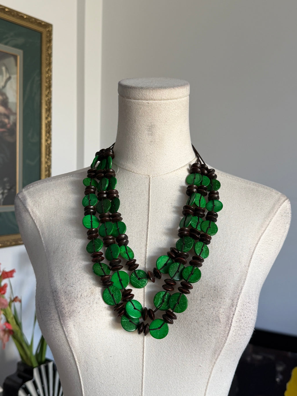 Green & Brown Multi-Strand Statement Necklace