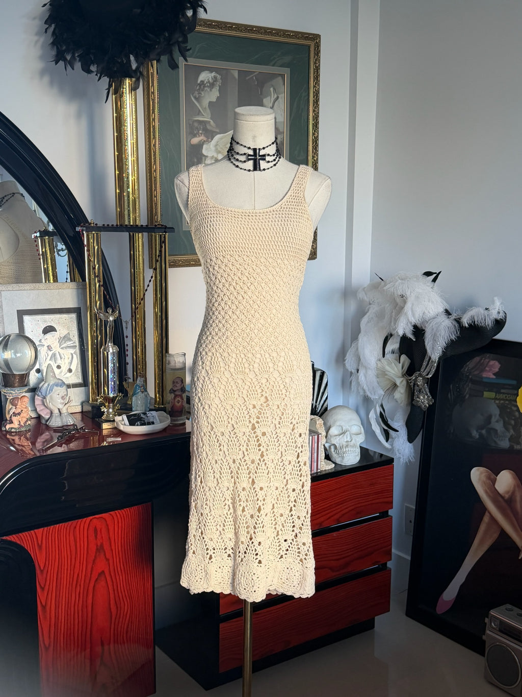 Ellavie Hand Crochet Knit Midi Dress – Cream Open Knit Cotton Cover-Up