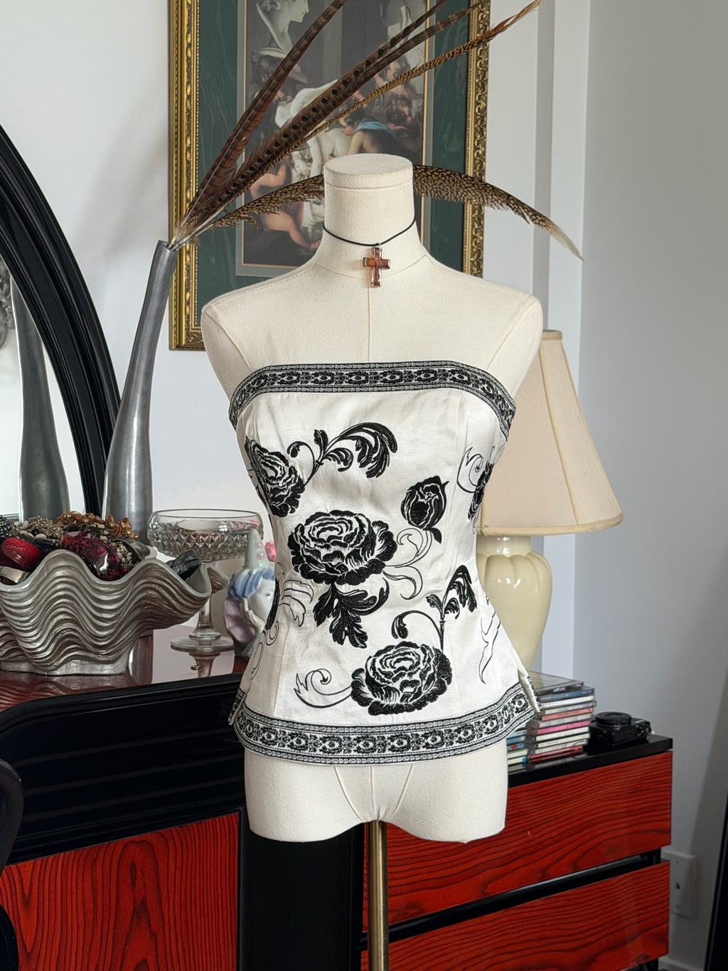 Black & white floral corset top S-M