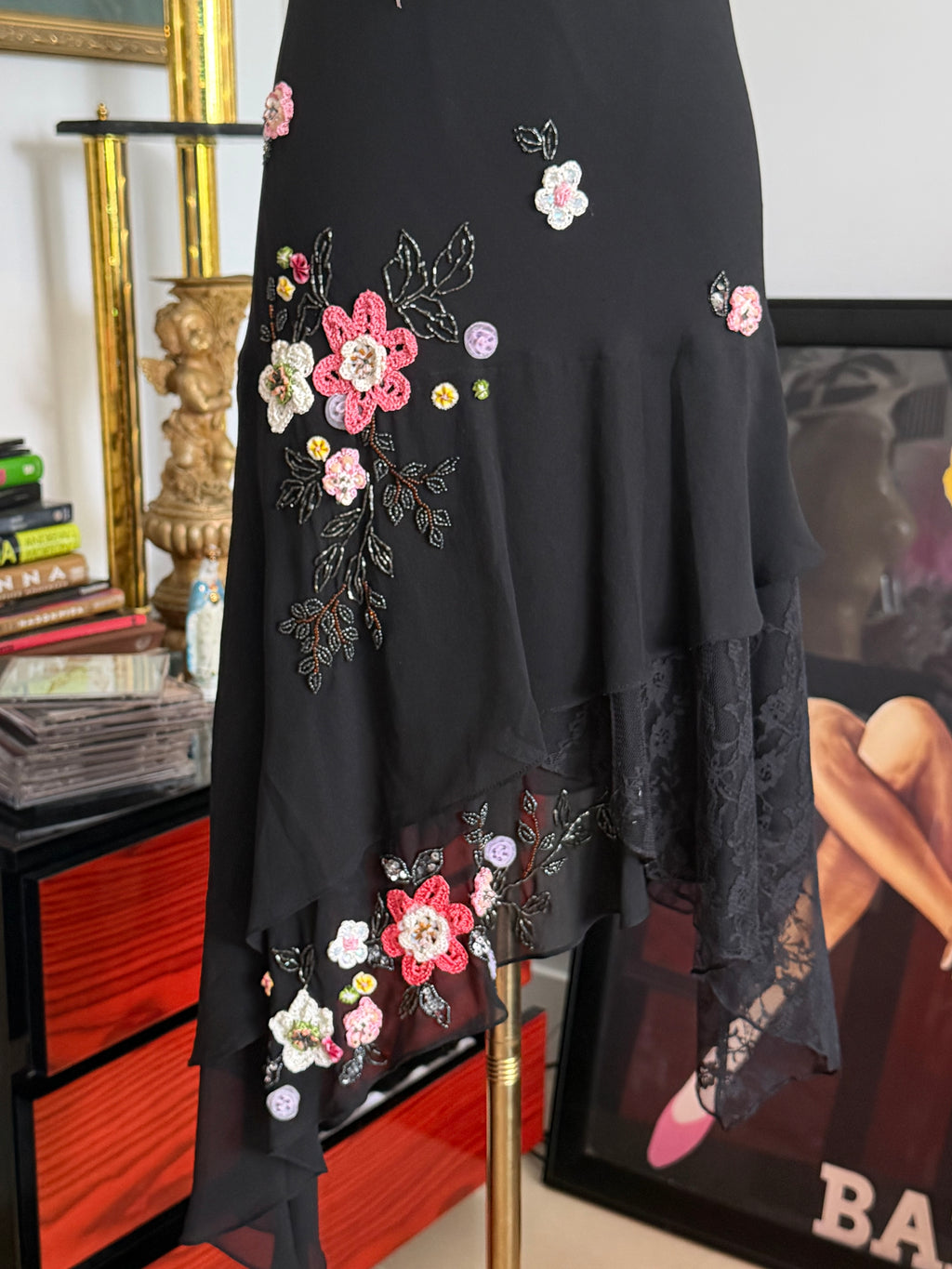 vintage Sue Wong, black silk floral, crochet, and beaded dress