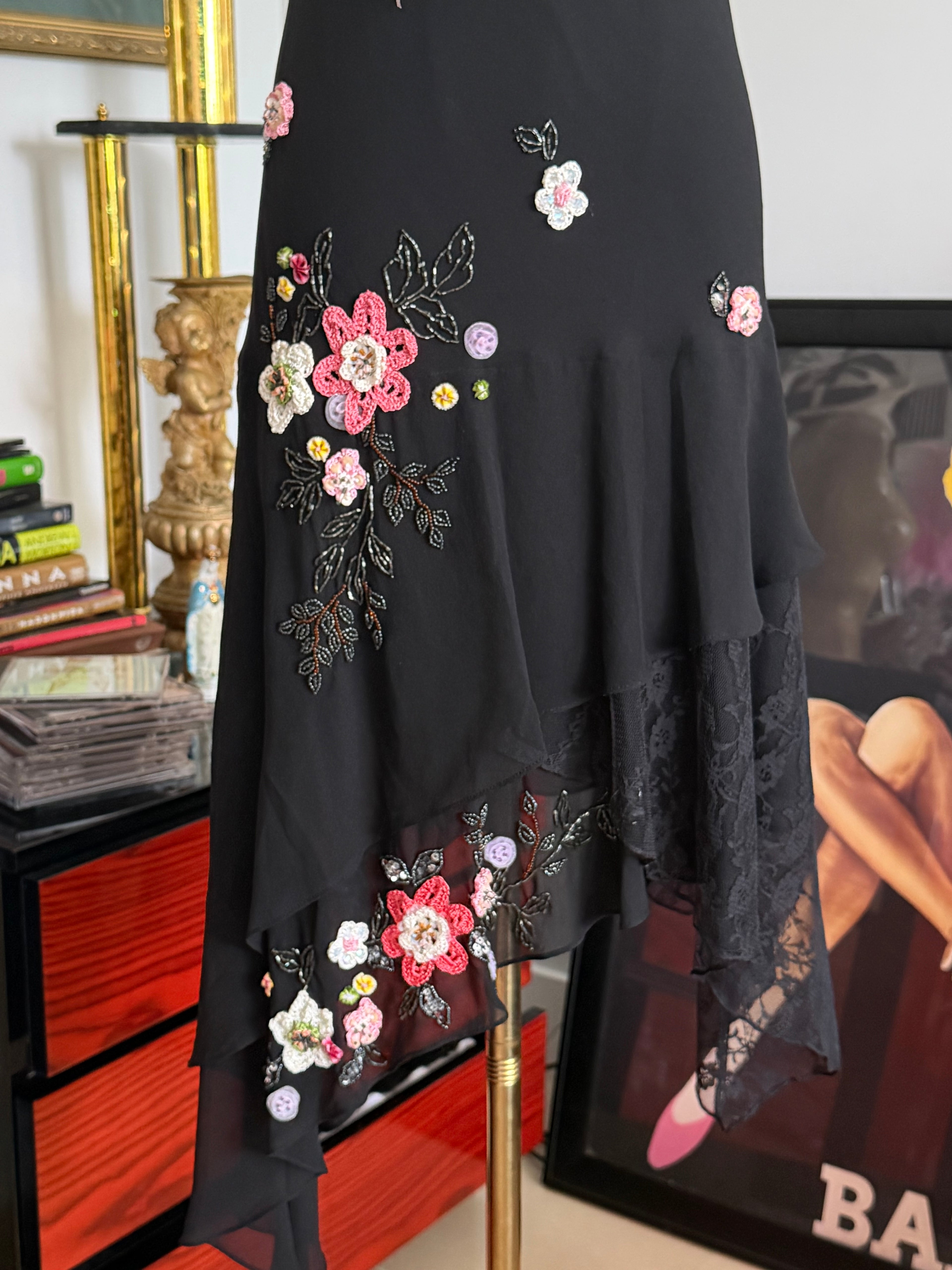 vintage Sue Wong, black silk floral, crochet, and beaded dress