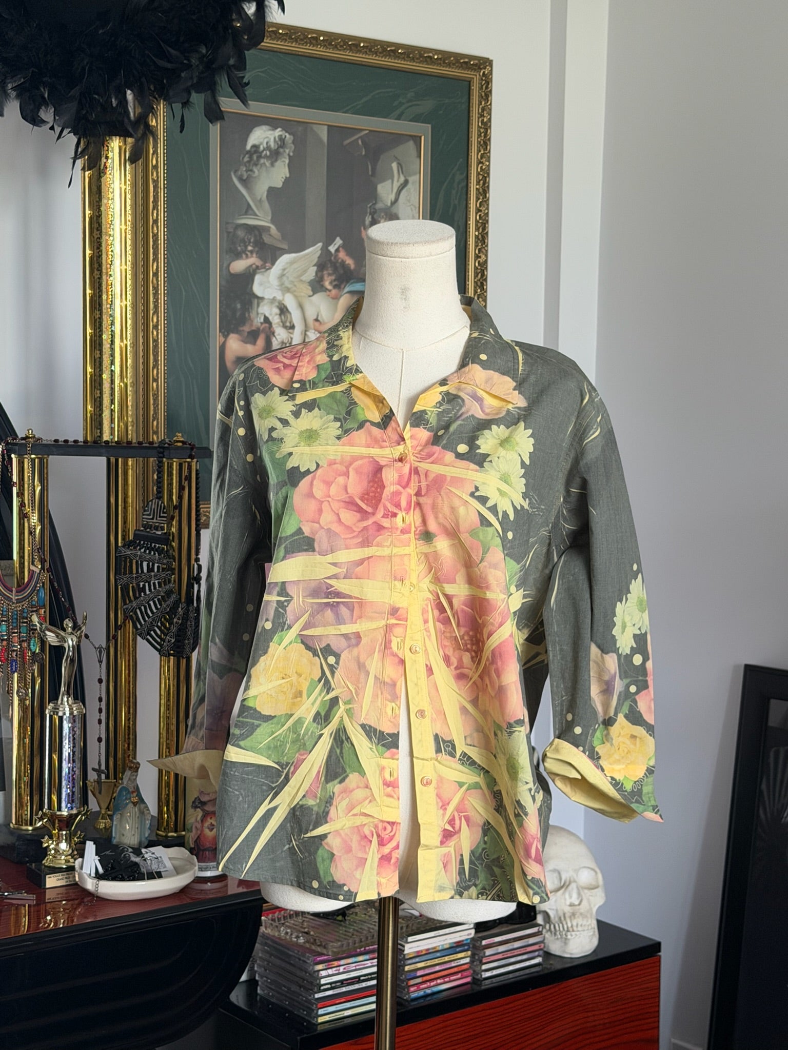Vintage Sheer Floral Mesh Button-Up Blouse – Romantic Garden Print – Size M