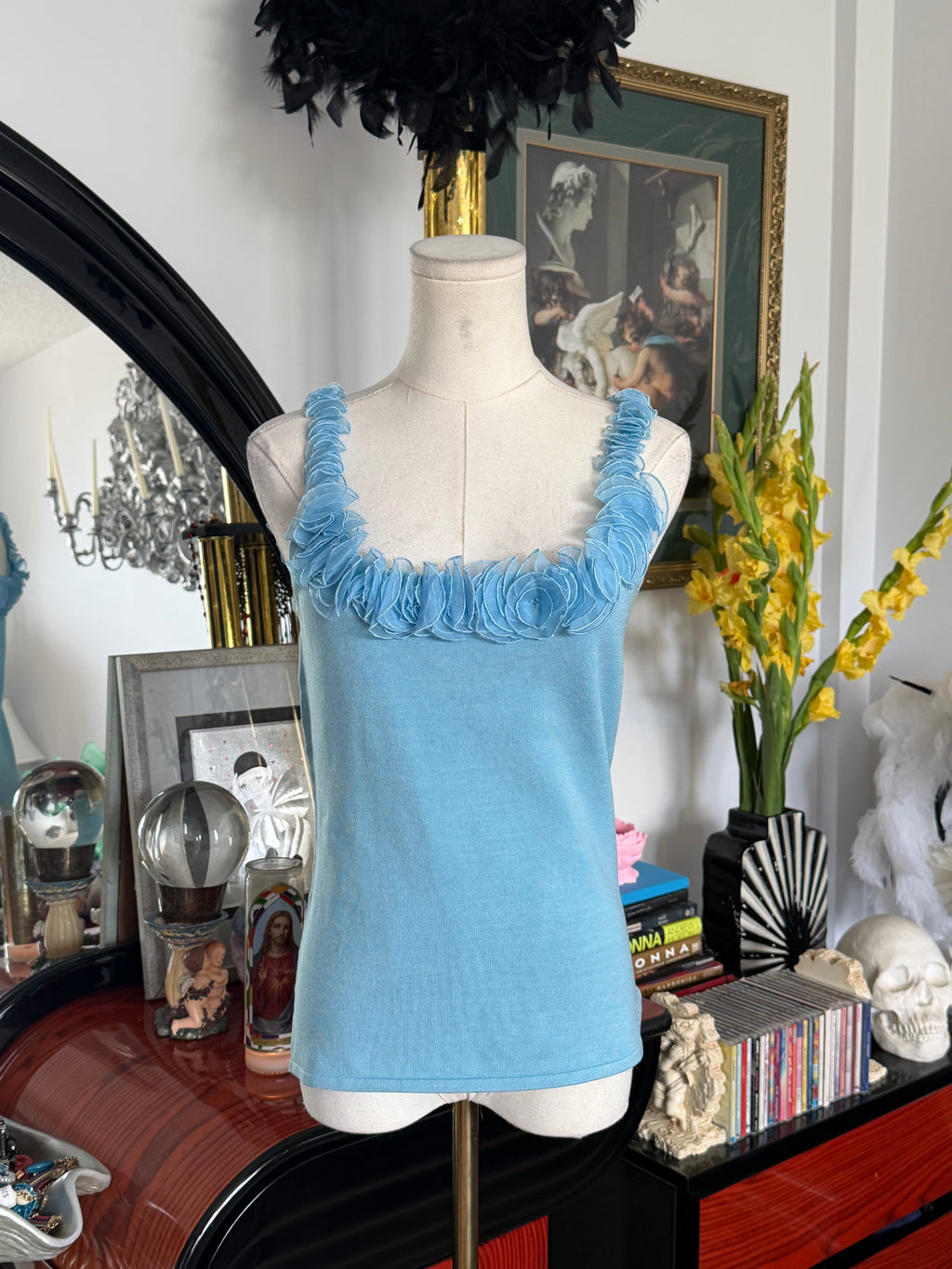 Cache Silk Rosette Trim Knit Tank Top NWT