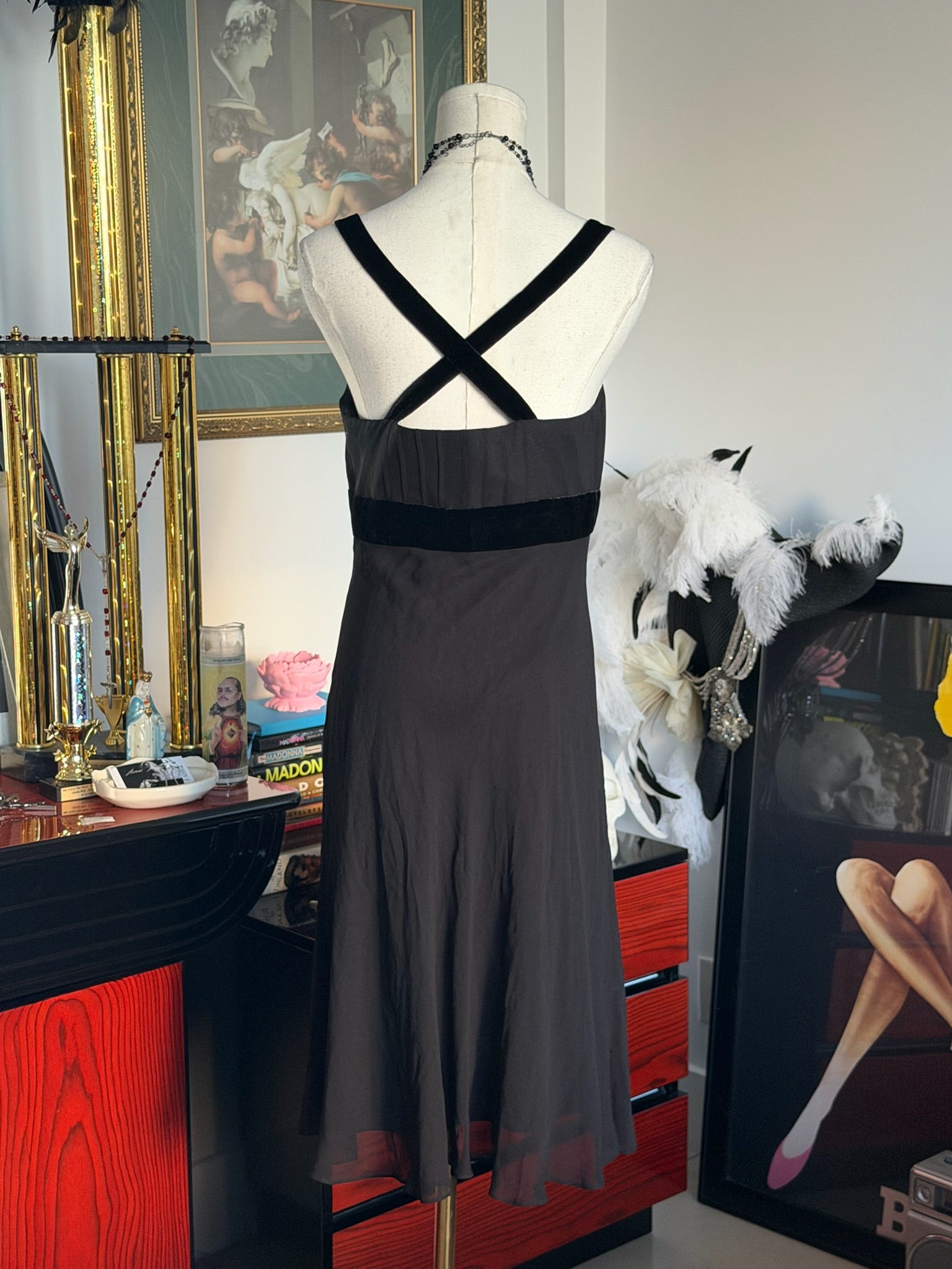 Nine West 100% Silk Black Cocktail Dress | Velvet Trim | Size 8