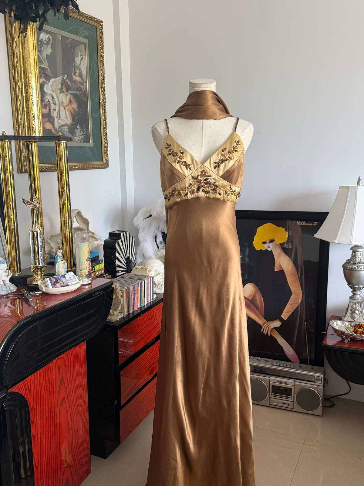 Vintage Silk Beaded Floral Bronze Evening Gown + Matching Scarf