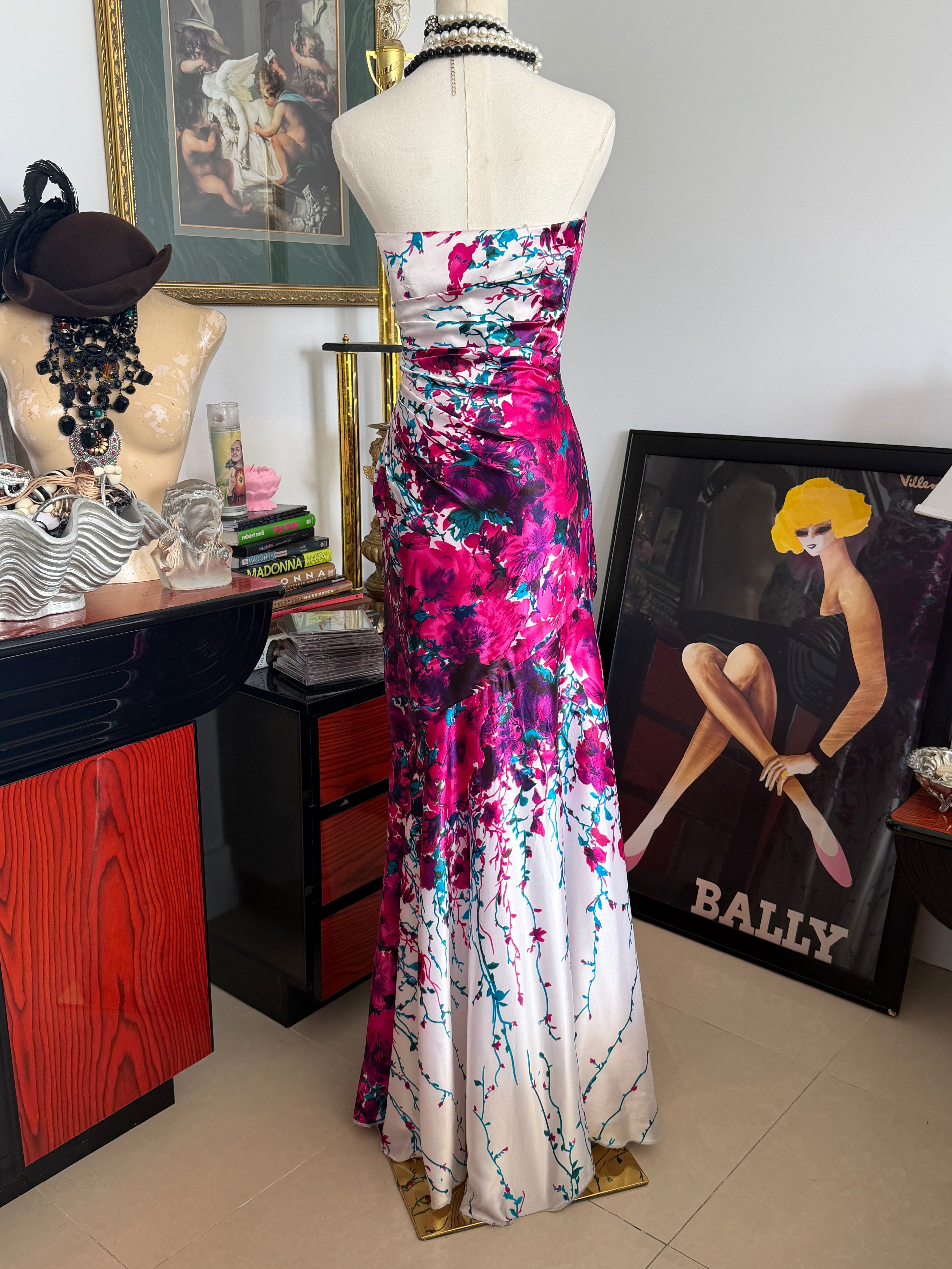 Cache Floral Satin Strapless Maxi Dress - M