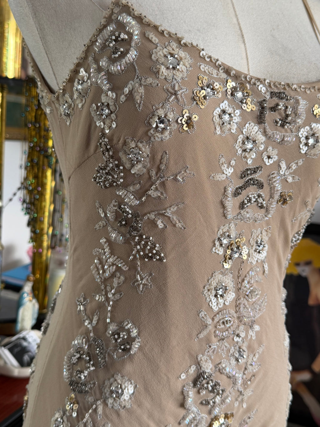 Sue Wong 100% Silk Hand Beaded Champagne Ruffle Dress