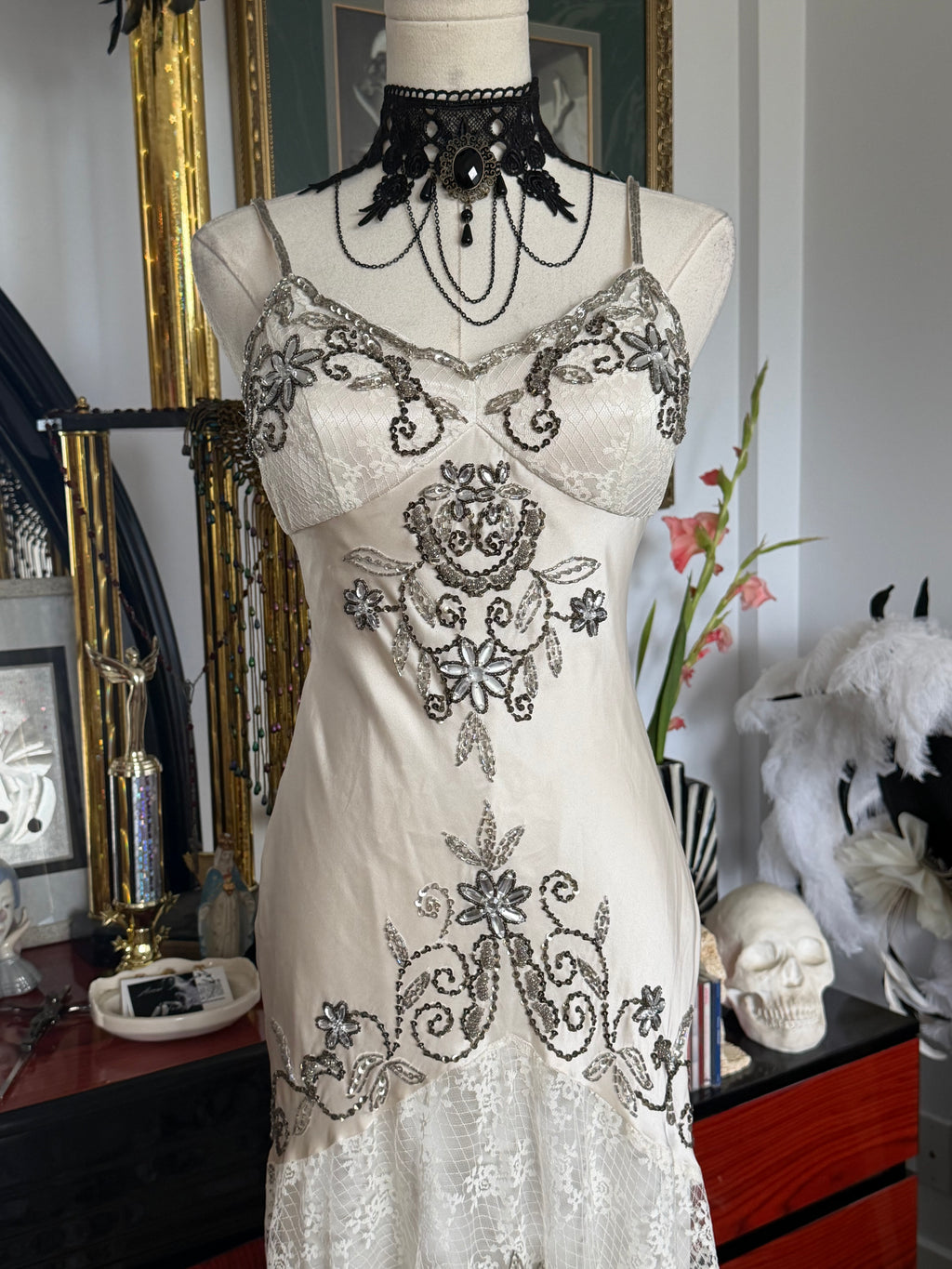 Vintage Sue Wong  Ivory Silk Beaded Lace Dress