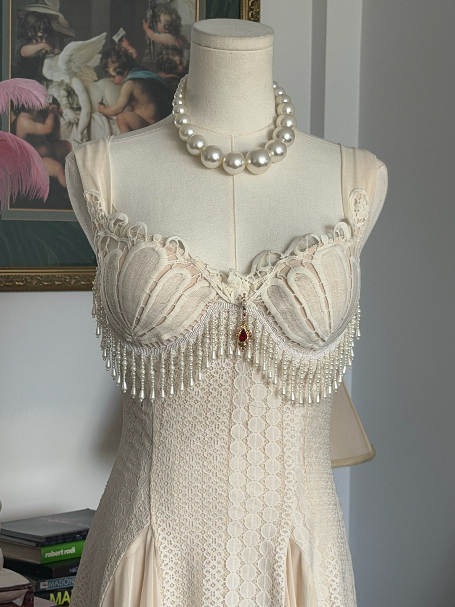 Cream Lace Angel Mini Dress Beaded Bust XL