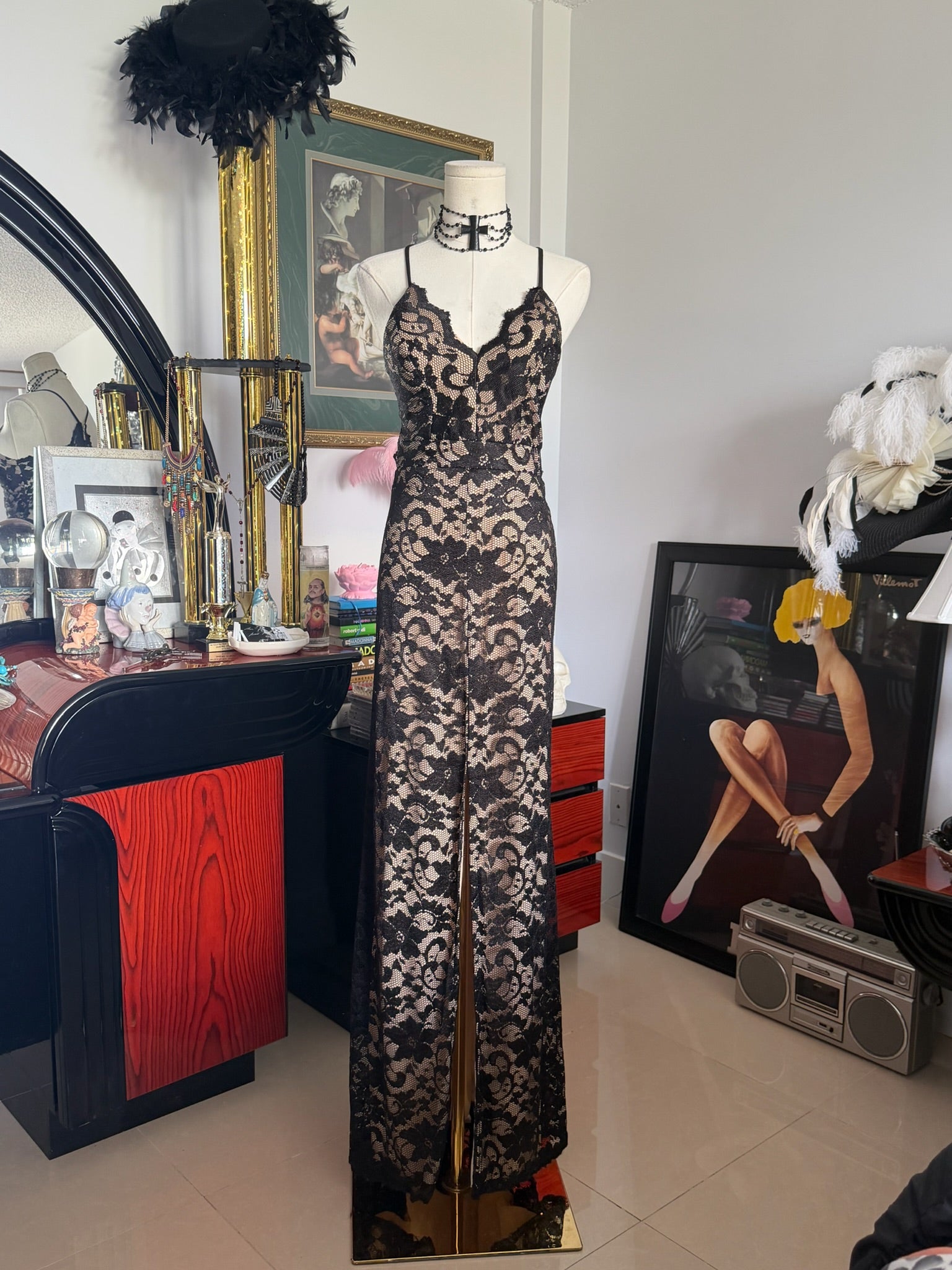 Y2K Black Lace Cutout Maxi Dress | Open Back Evening Gown | Size S