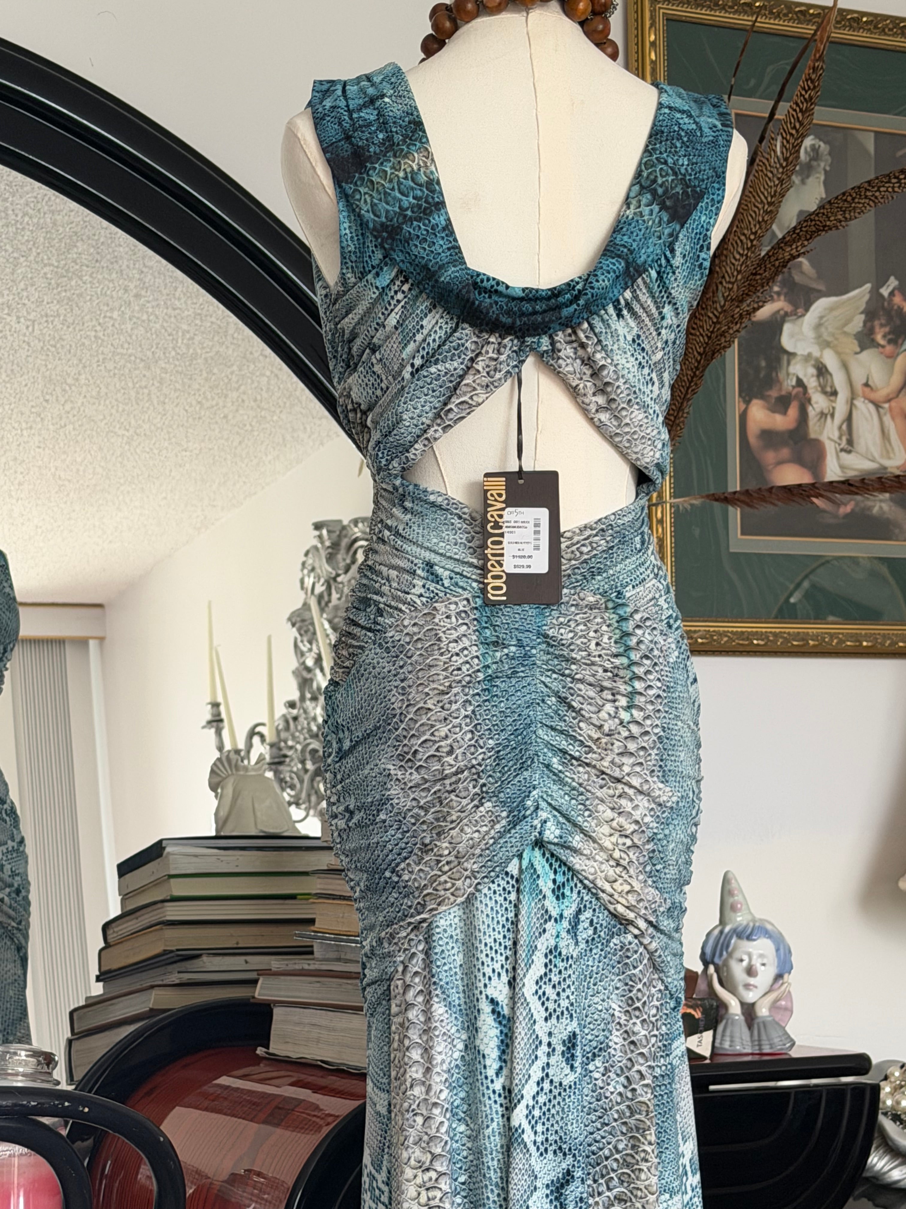 Roberto Cavalli 2005 Python Print Ruched Cut-Out Gown (NWT, Size S)