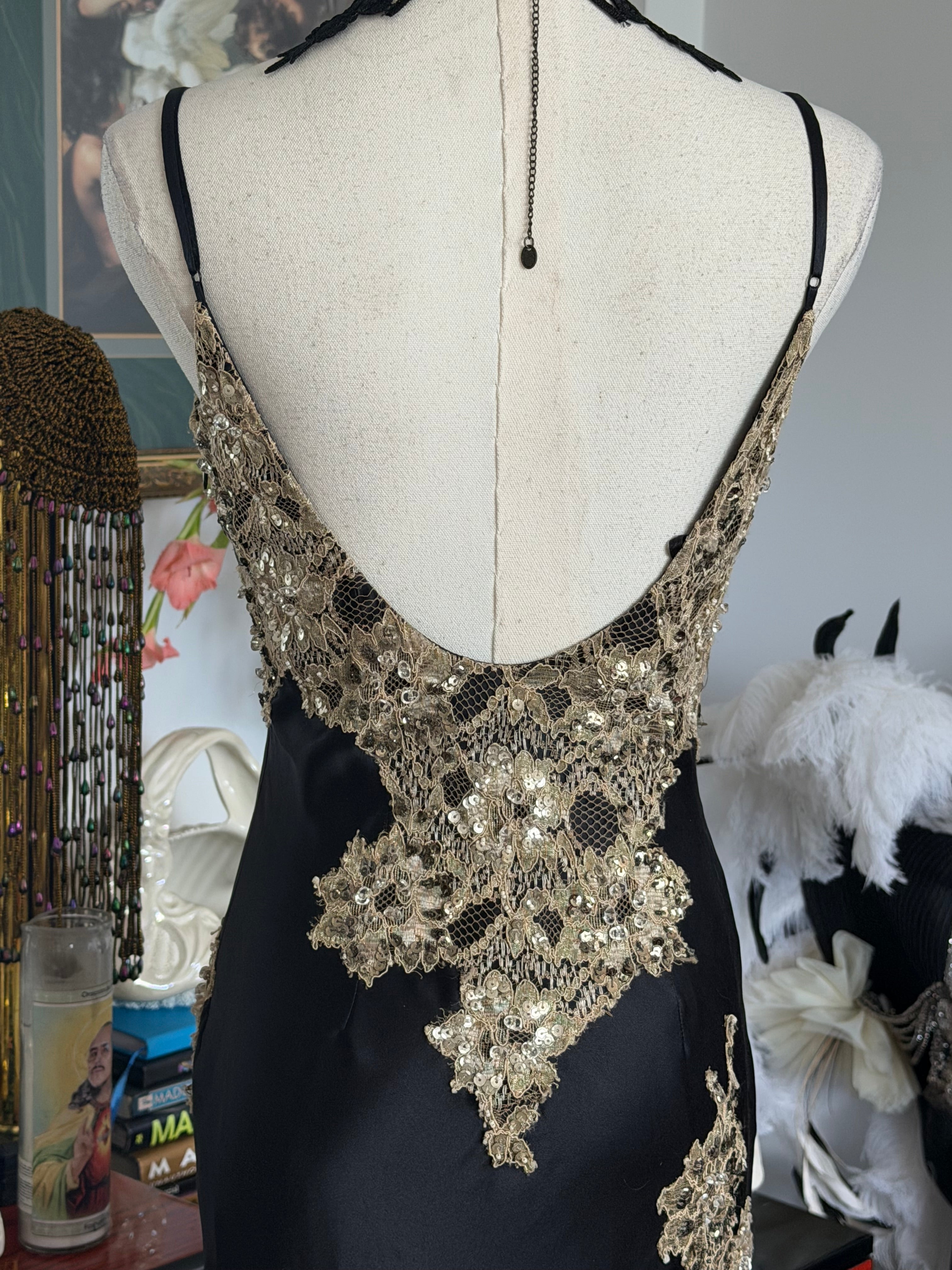Vintage Caché Black & Gold Embellished Lace Evening Gown