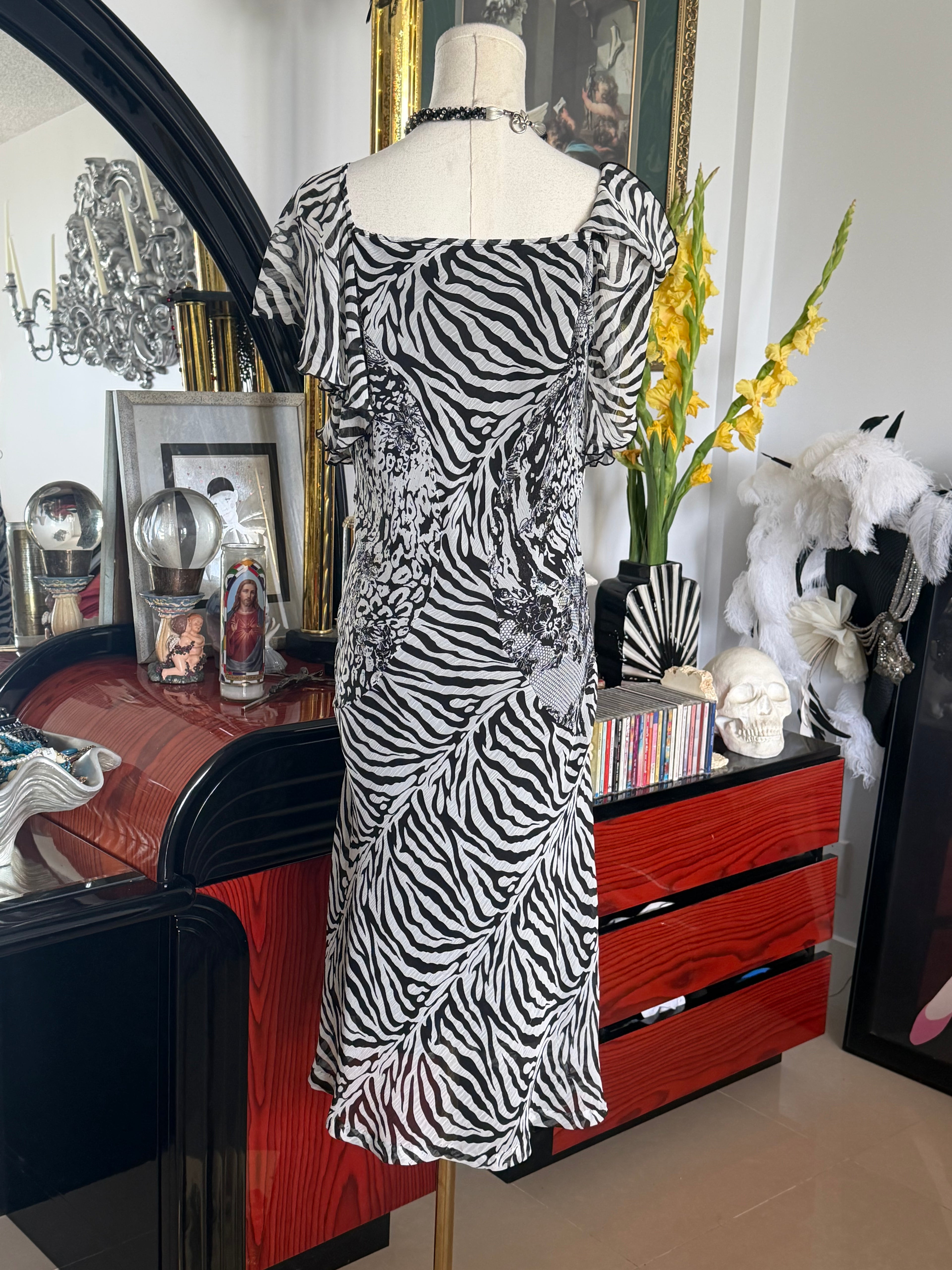 Address Black & White Zebra Print Flutter Sleeve Dress | Animal Print Midi Dress | Size 12