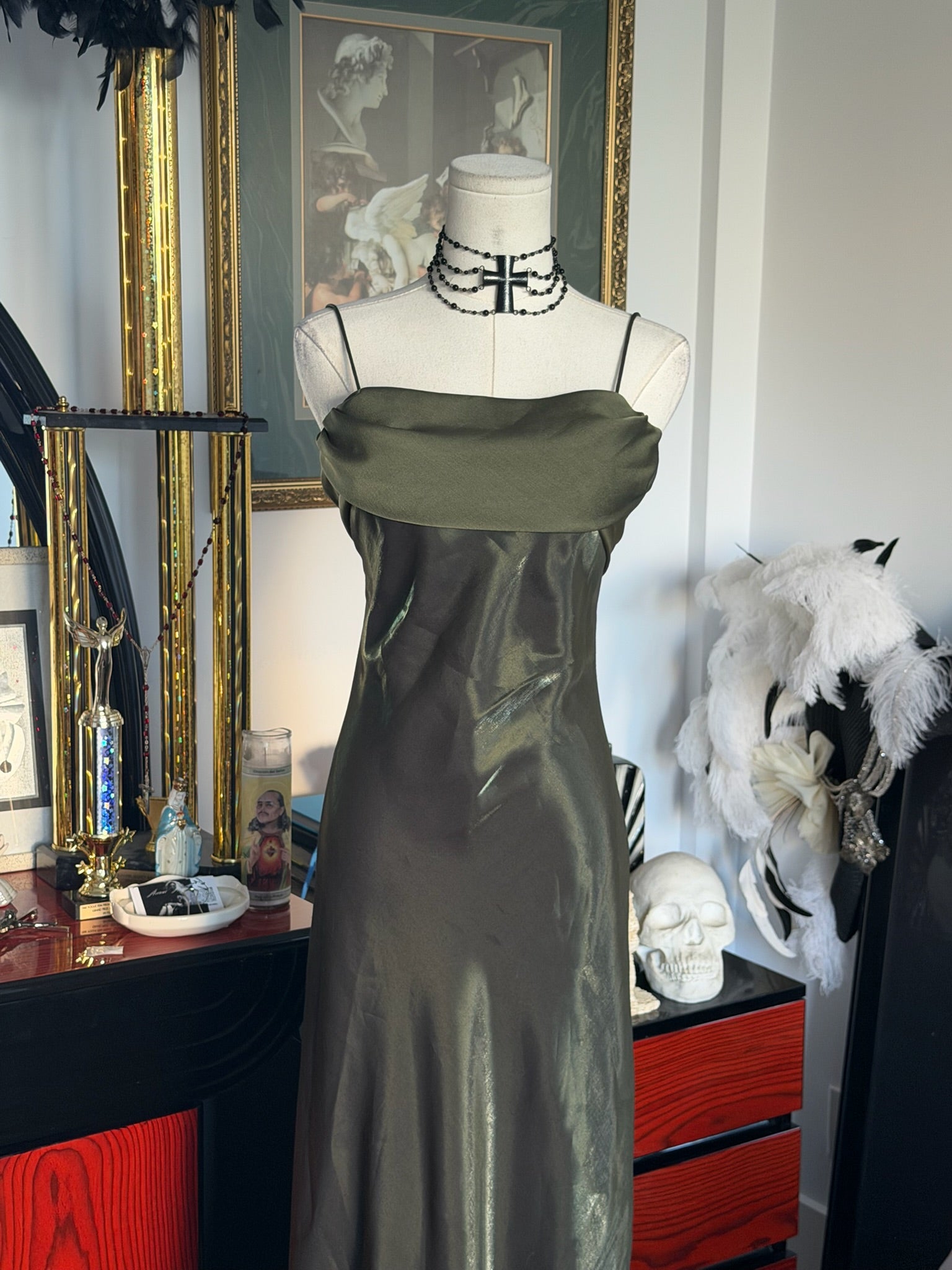 Betsy & Adam Olive Liquid Satin Bias-Cut Evening Gown | Size 4