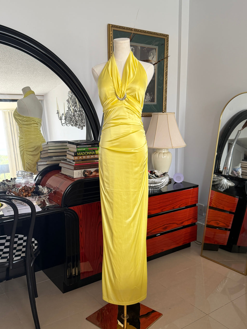 Vintage Bright Lemon Yellow Halter Gown with Rhinestone Detail – Medium