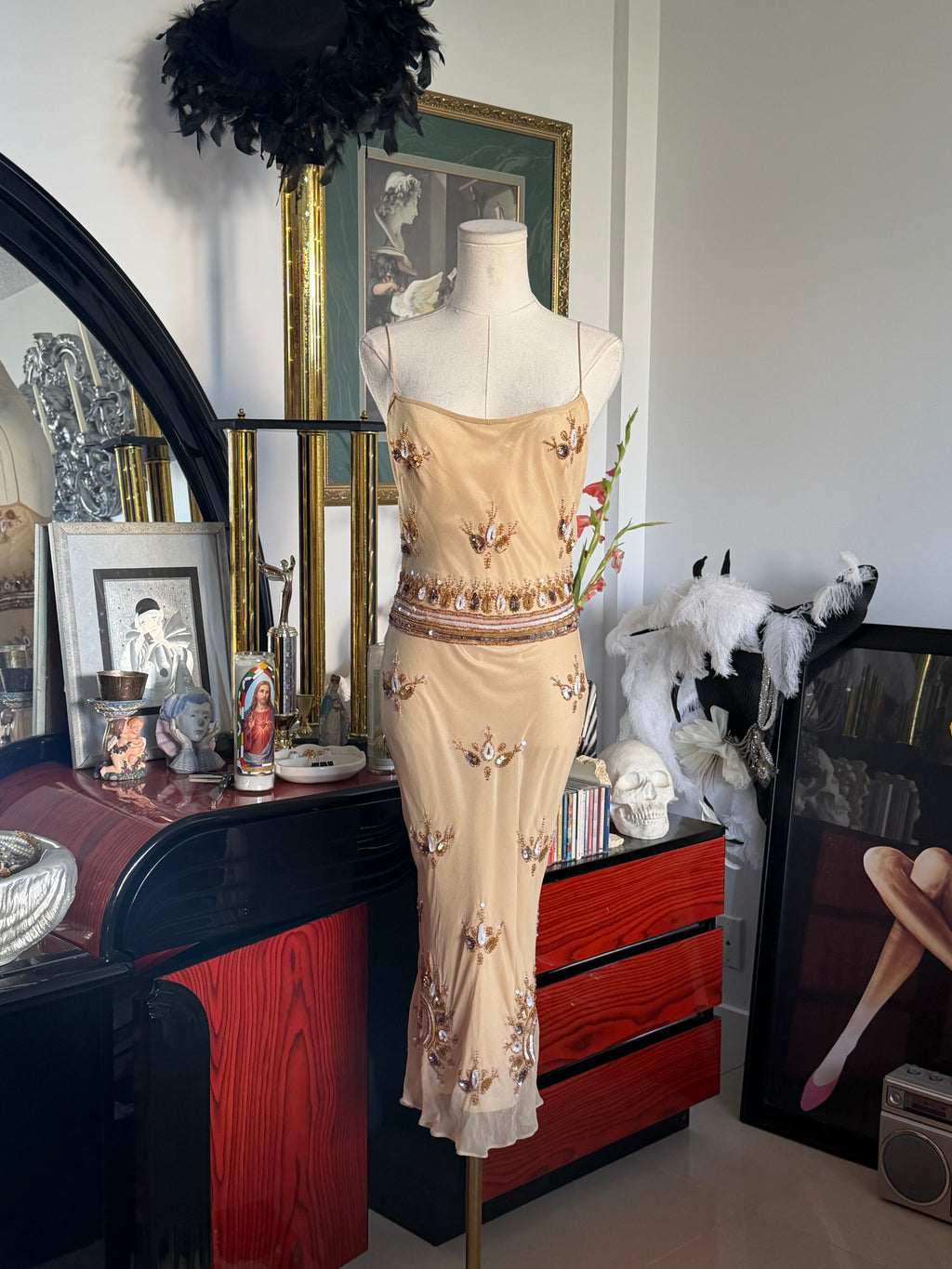 Deadstock Papell Boutique Hand-Beaded Silk Gown