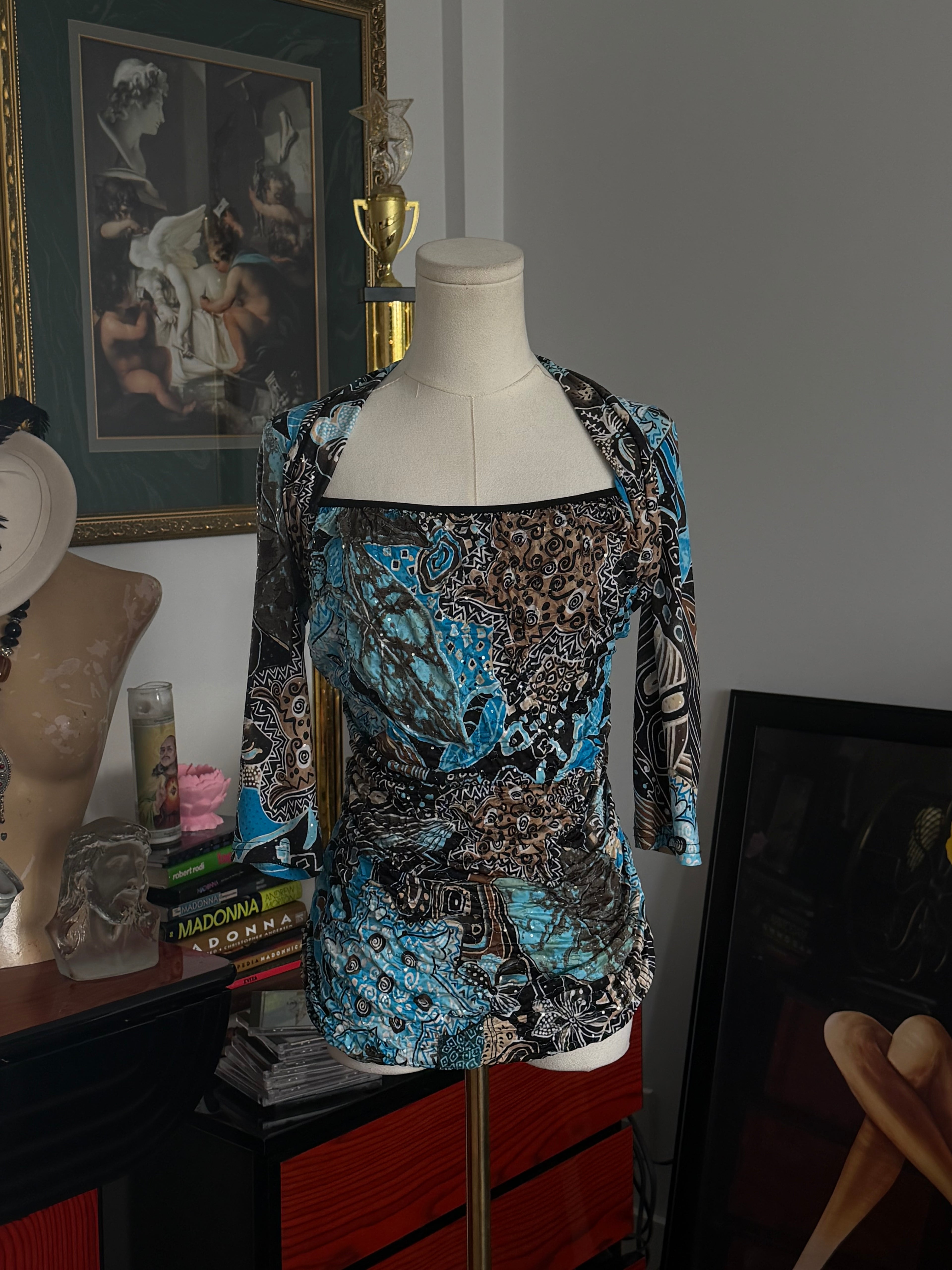 Vintage Joseph Ribkoff Abstract Ruched Mesh Top- S-M