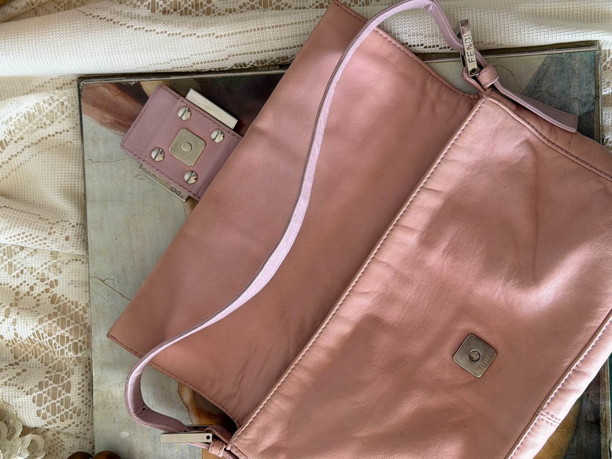 Fendi Blush Pink Nappa Leather Baguette Bag with Yellow FF Clasp (2003-2005)