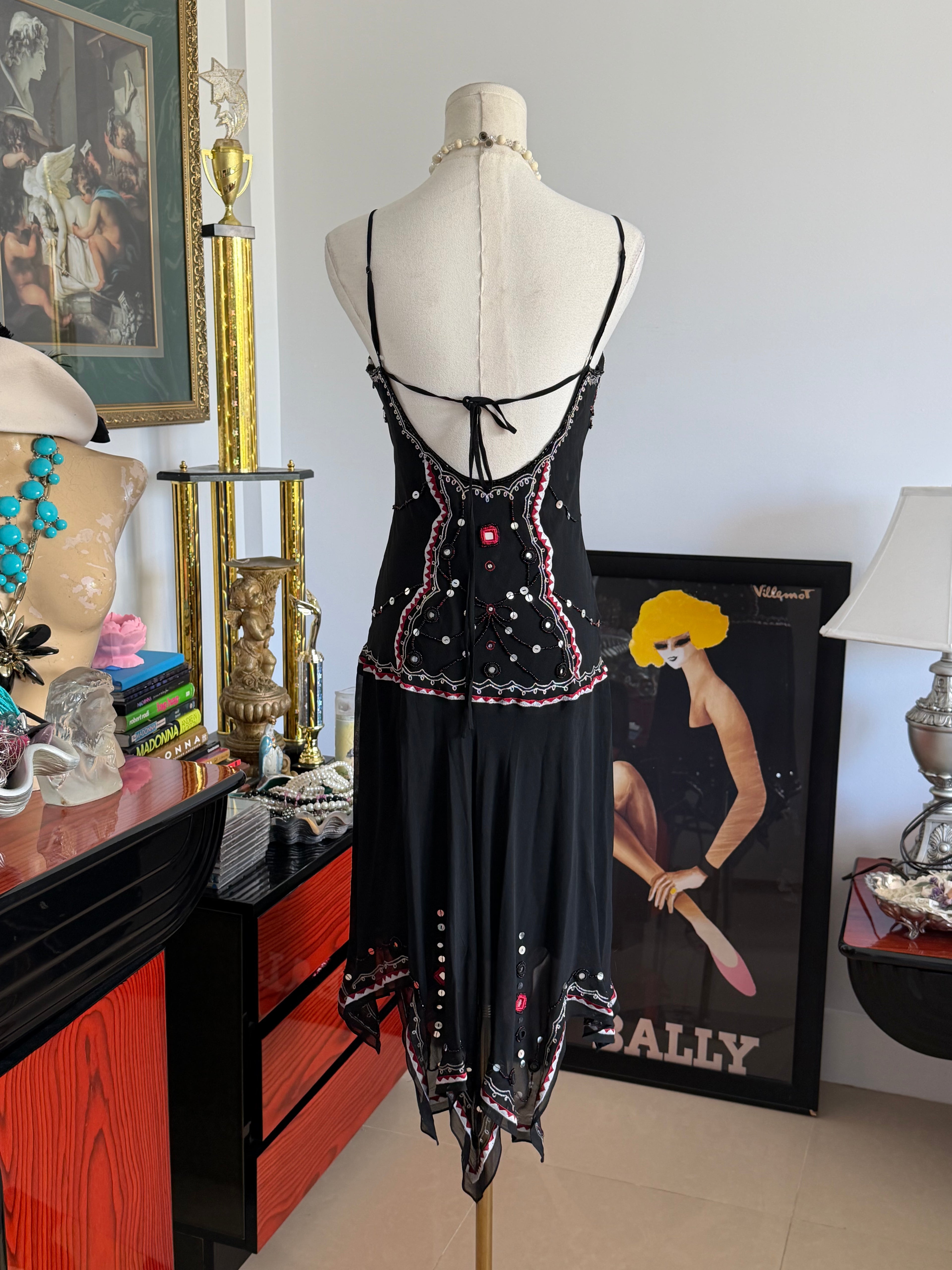 Vintage Sue Wong Black Silk Beaded Corset Illusion Handkerchief Dress -6