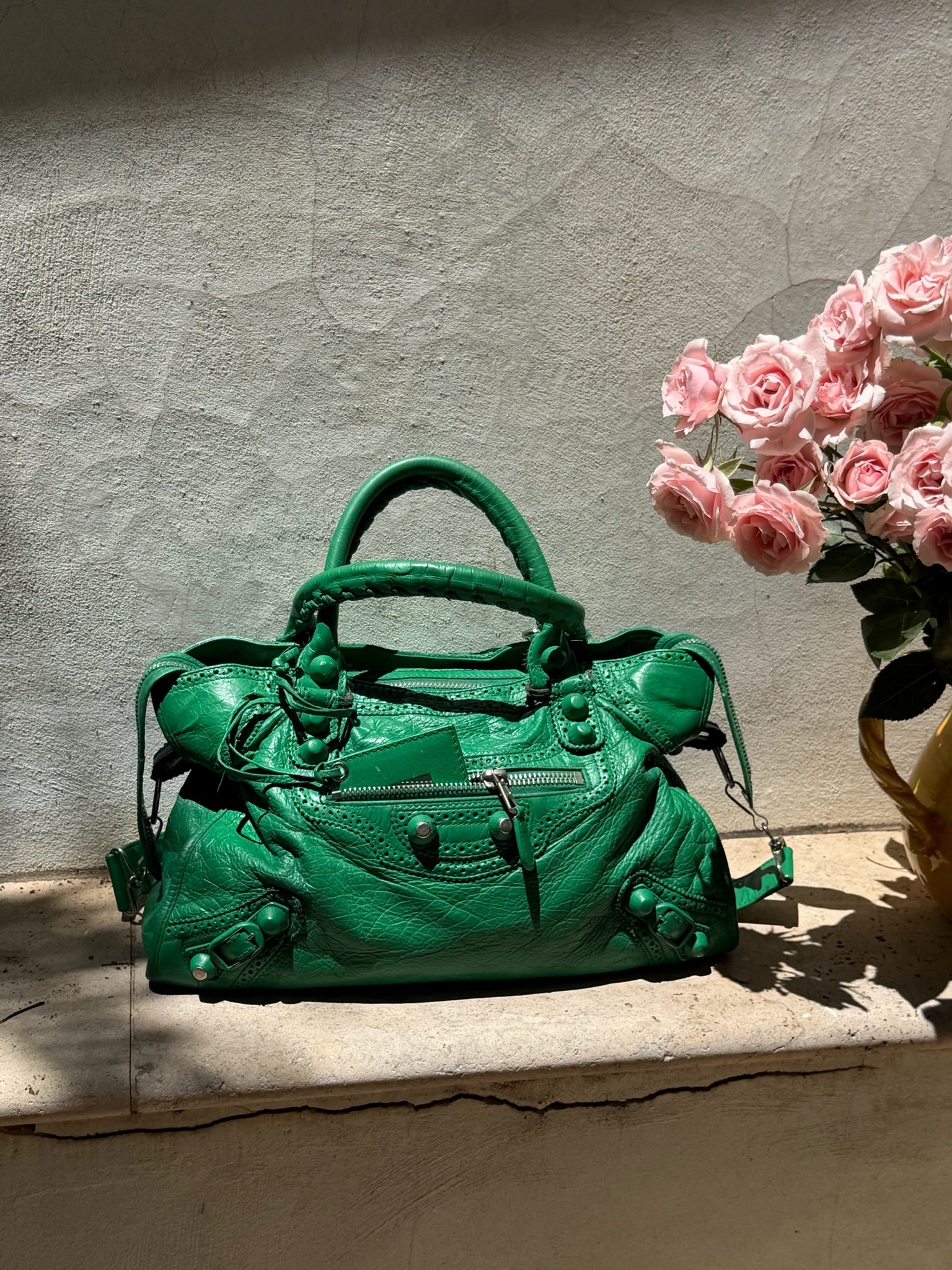 Balenciaga City Brogue Bag – Emerald Green Perforated Motorcycle Leather (2010s)
