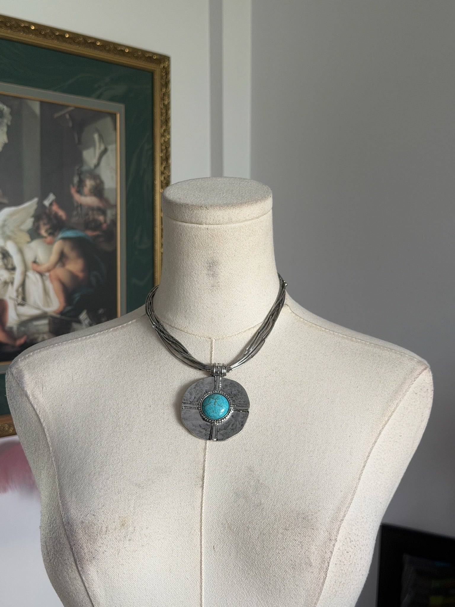 Turquoise Stone Collar Necklace | Oxidized Silver Statement Pendant