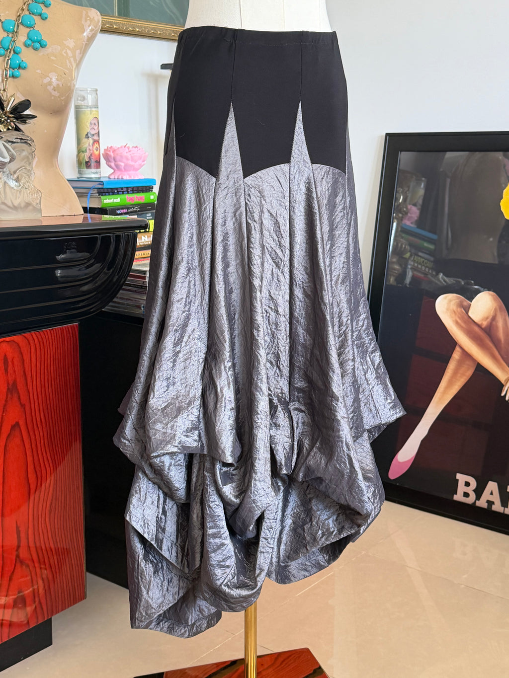 joseph ribkoff metallic silver draped bustle maxi skirt | made in canada | size 4