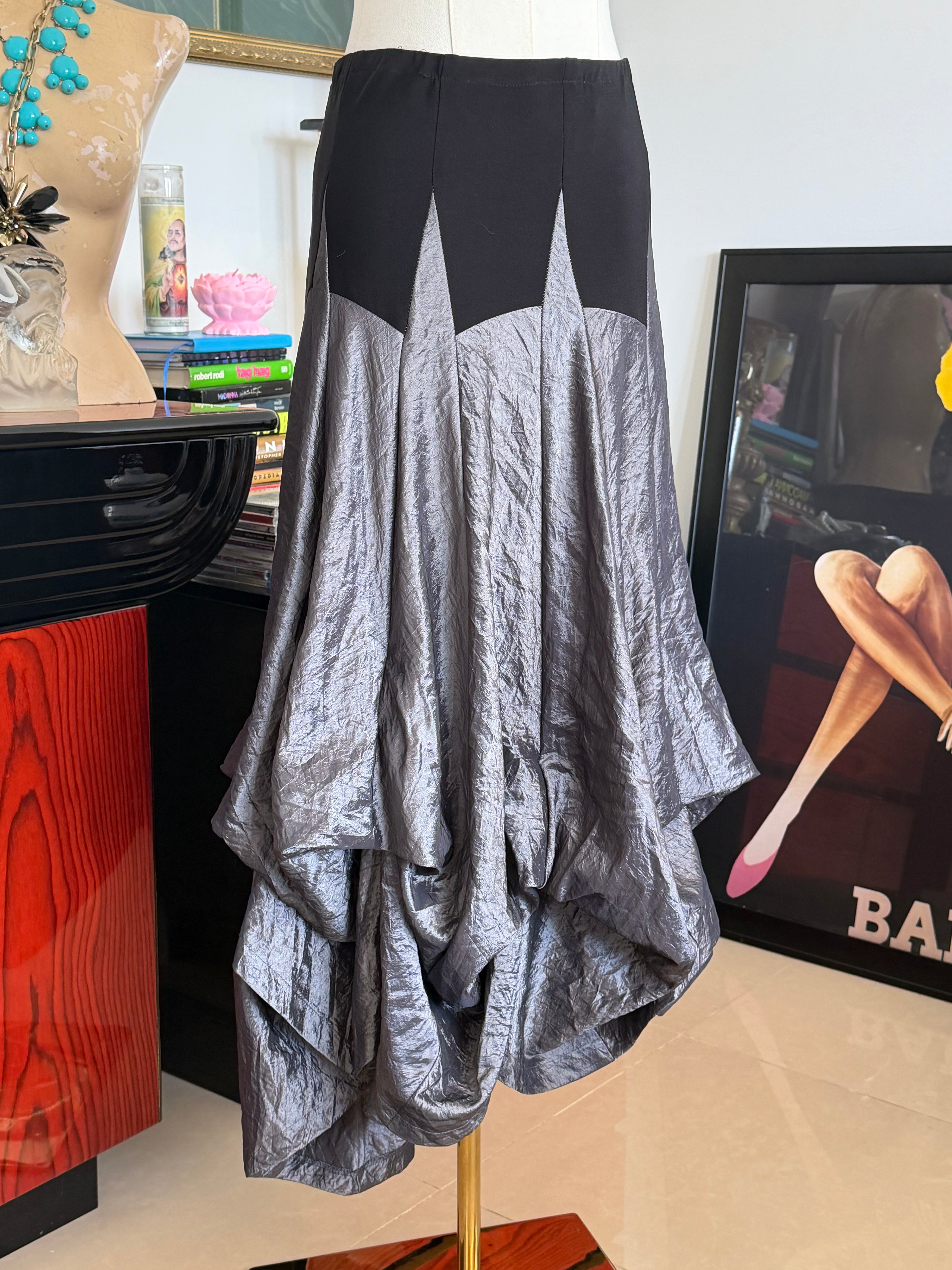 joseph ribkoff metallic silver draped bustle maxi skirt | made in canada | size 4