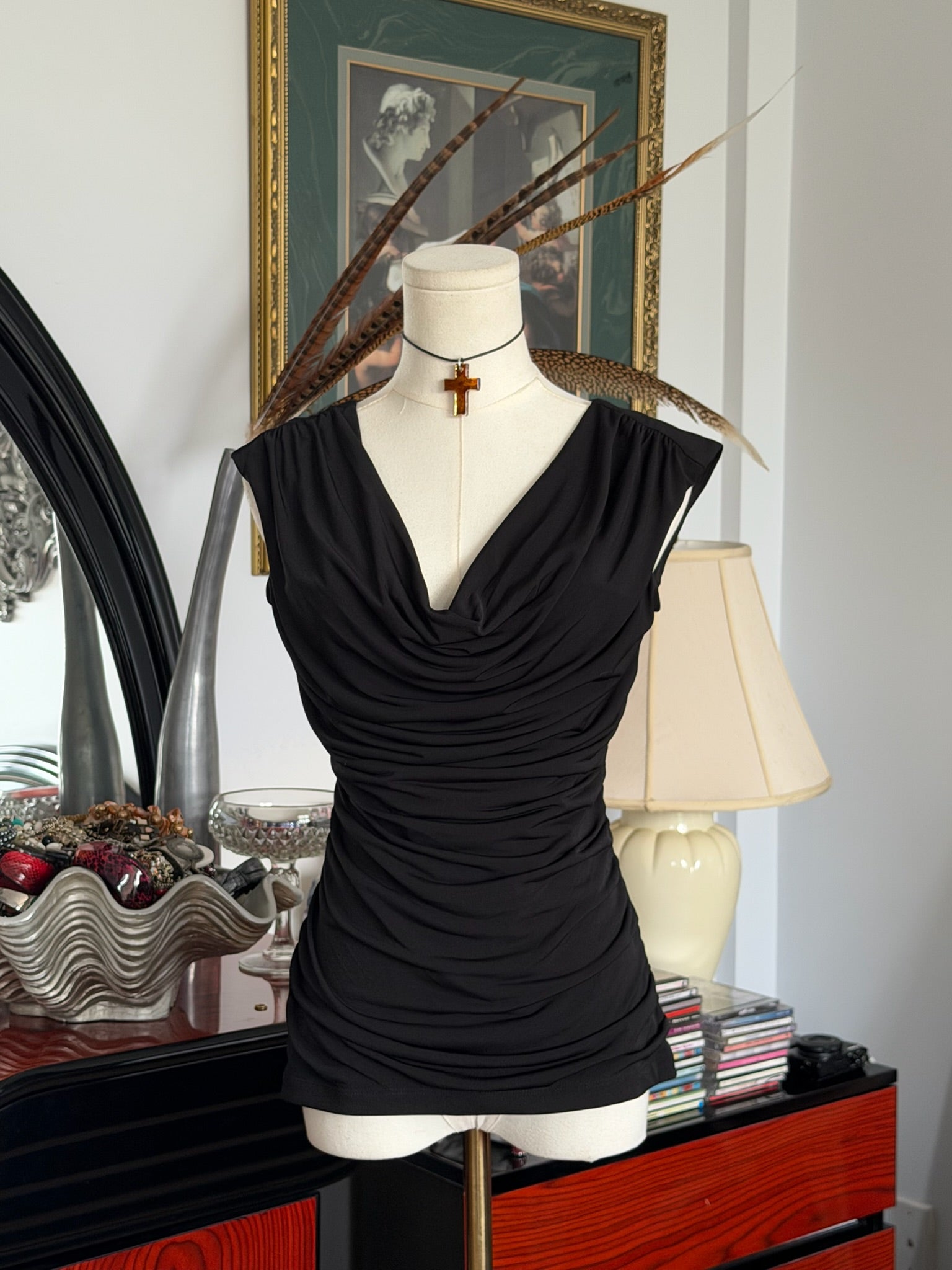 Draped black cowl neck top S