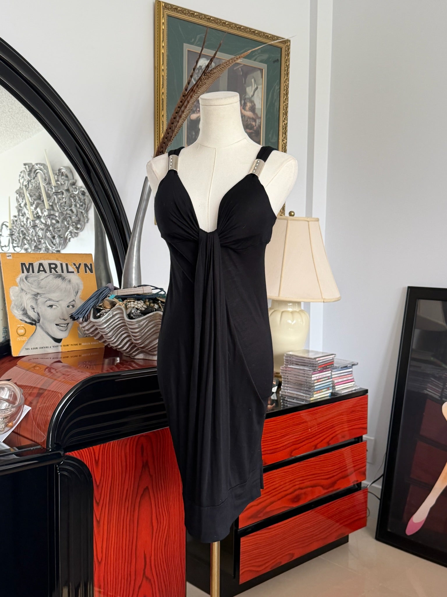 Black Draped Midi Dress (Minimal Sculpted Fit)