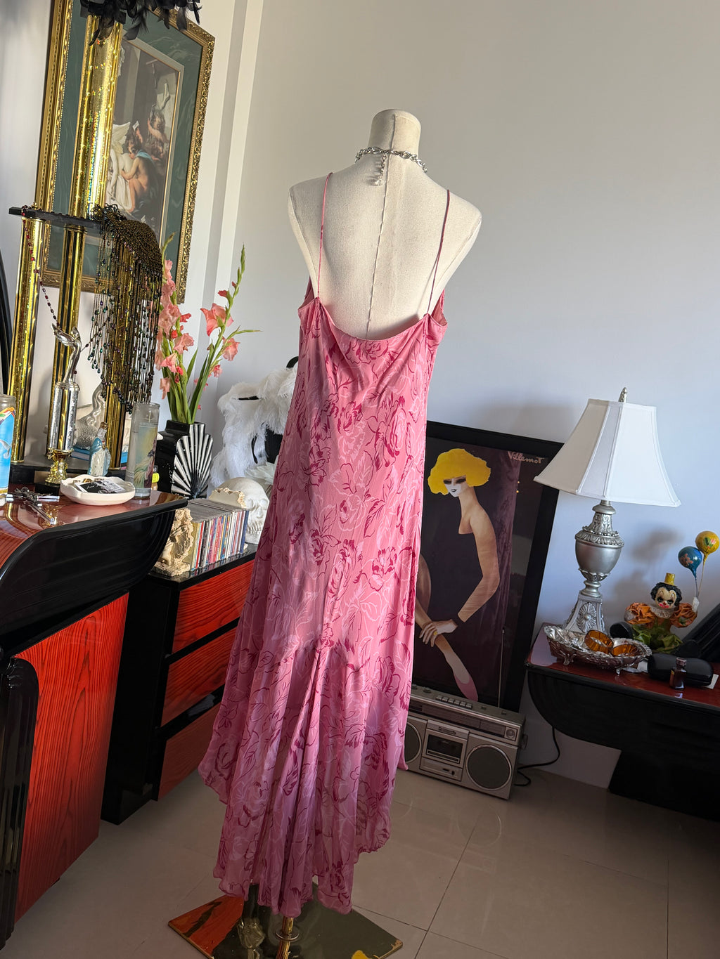 Eva Blue Pink Beaded Floral High-Low Maxi Dress L-XL