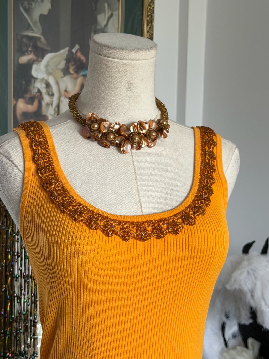 Caché Hand-Beaded Ribbed Knit Tank – Marigold