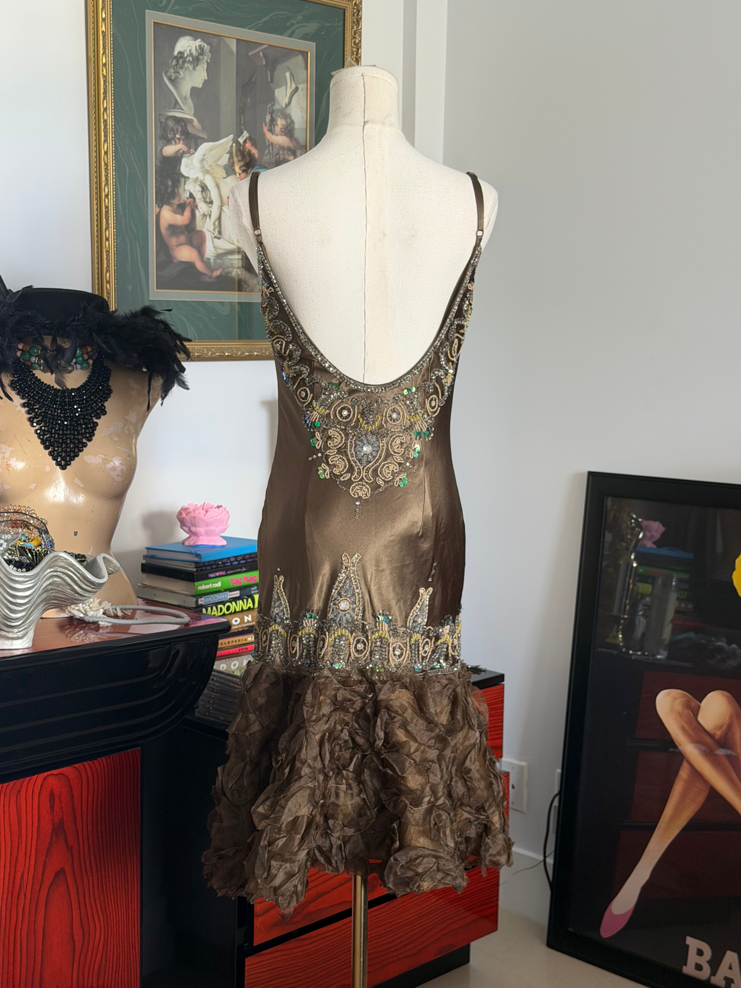 Sue Wong Bronze Beaded Ruffle Dress 4 – Arcane Angel