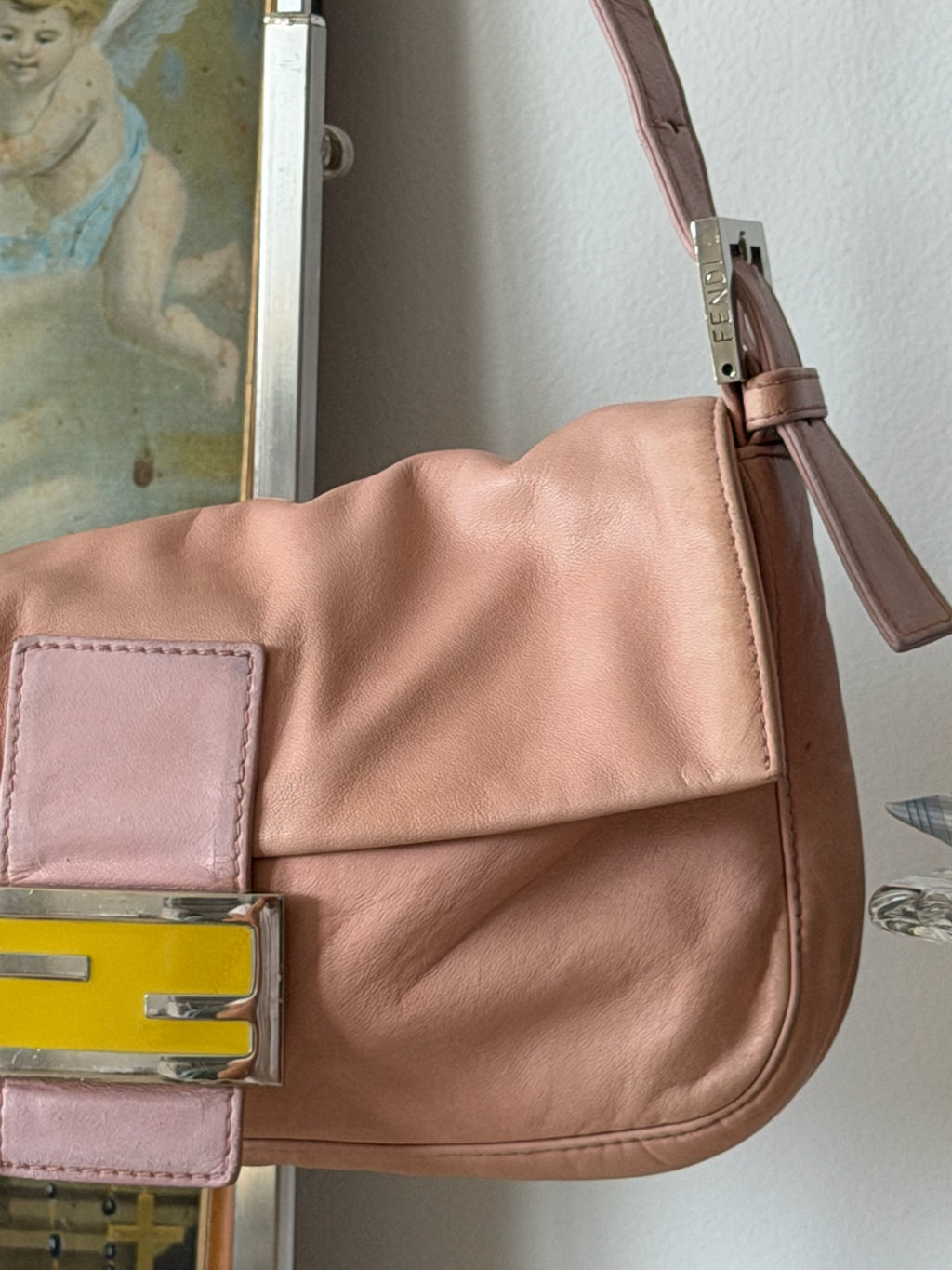 Fendi Blush Pink Nappa Leather Baguette Bag with Yellow FF Clasp (2003-2005)