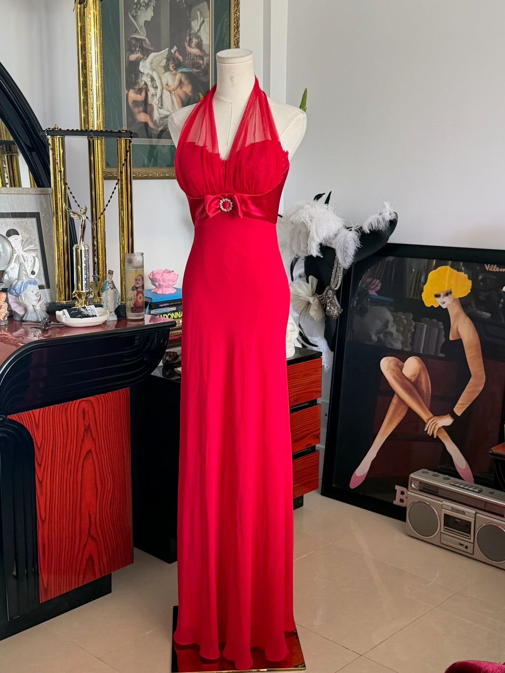 Vintage Betsy & Adam Red Halter Evening Gown – Rhinestone Bow Detail