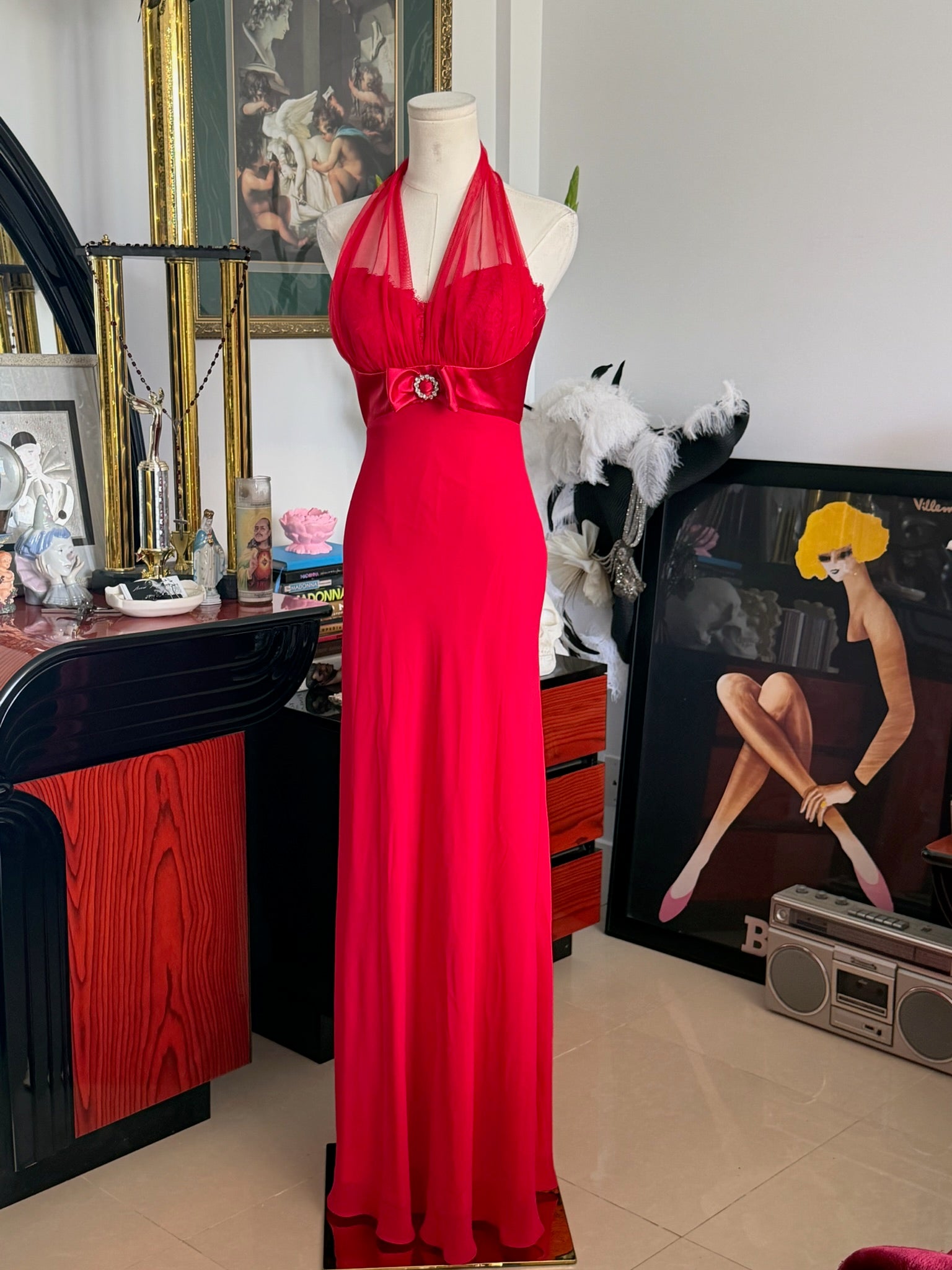 Vintage Betsy & Adam Red Halter Evening Gown – Rhinestone Bow Detail