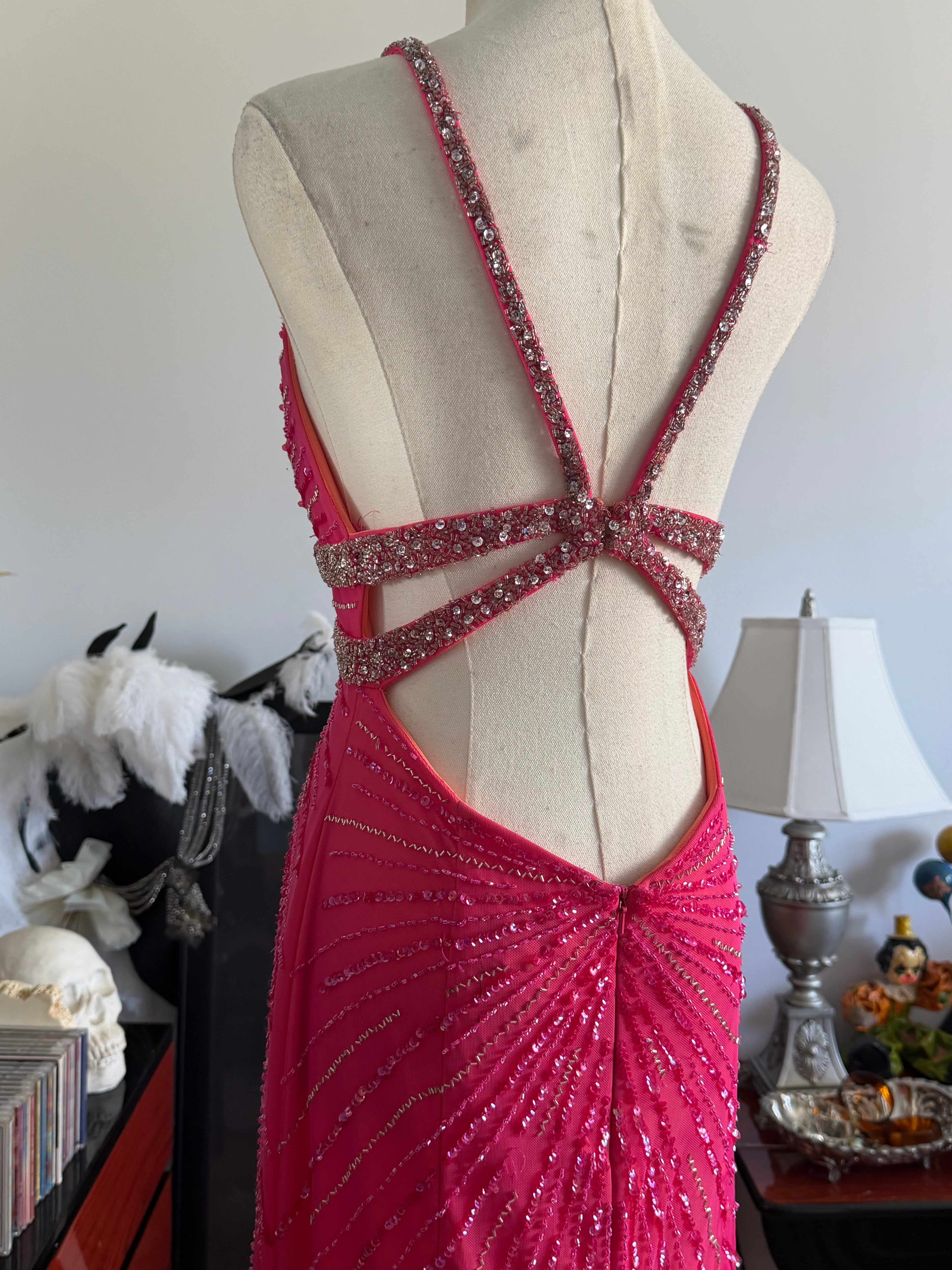 Cecily Brown Hot Pink Beaded Rhinestone Open Back Evening Gown