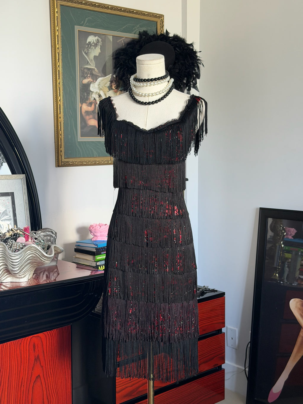 Vintage Morgan & Co. Black Fringe & Red Sequin Dress