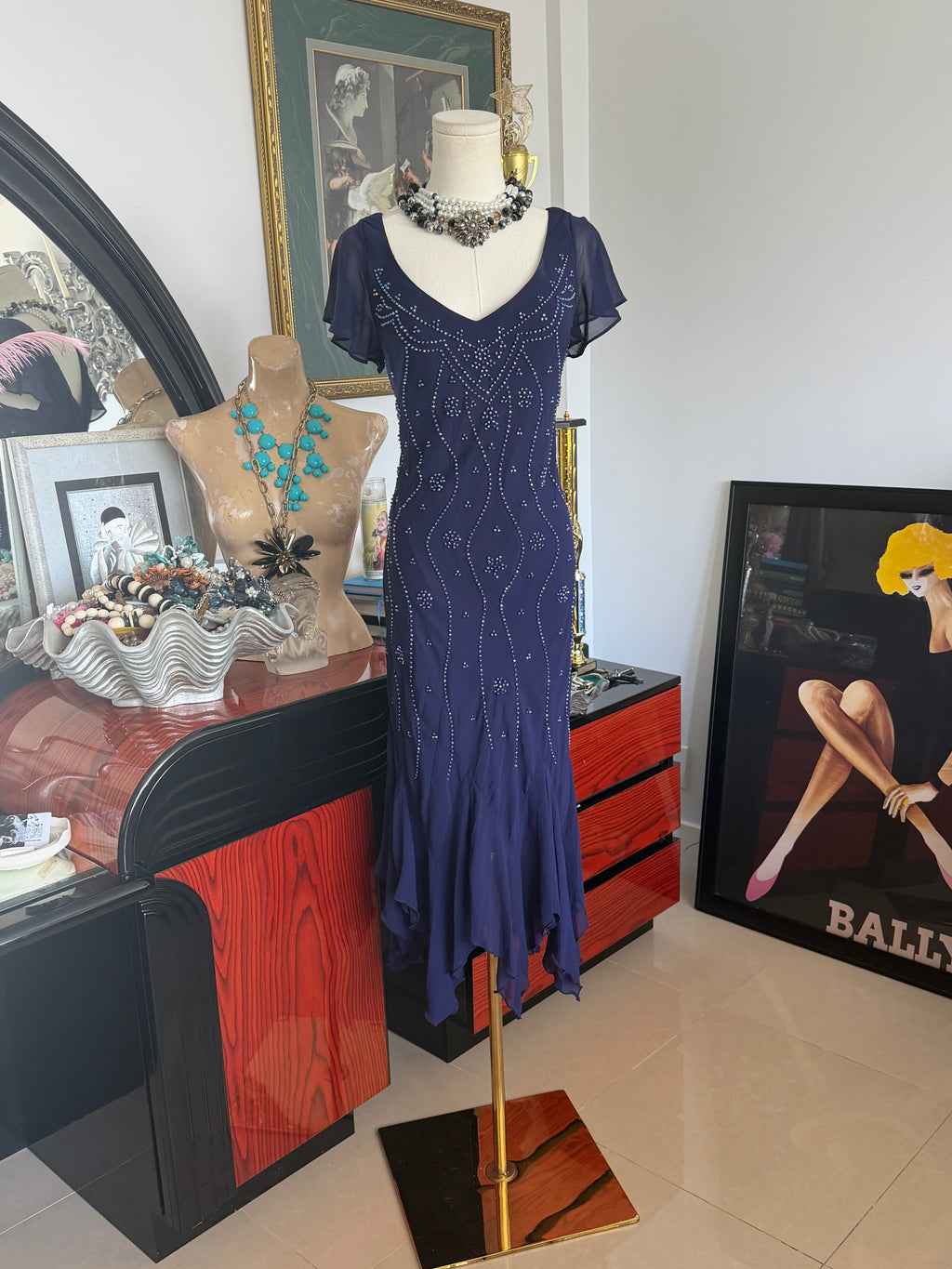 Metaphor navy beaded handkerchief hem evening dress | made in usa | size 12