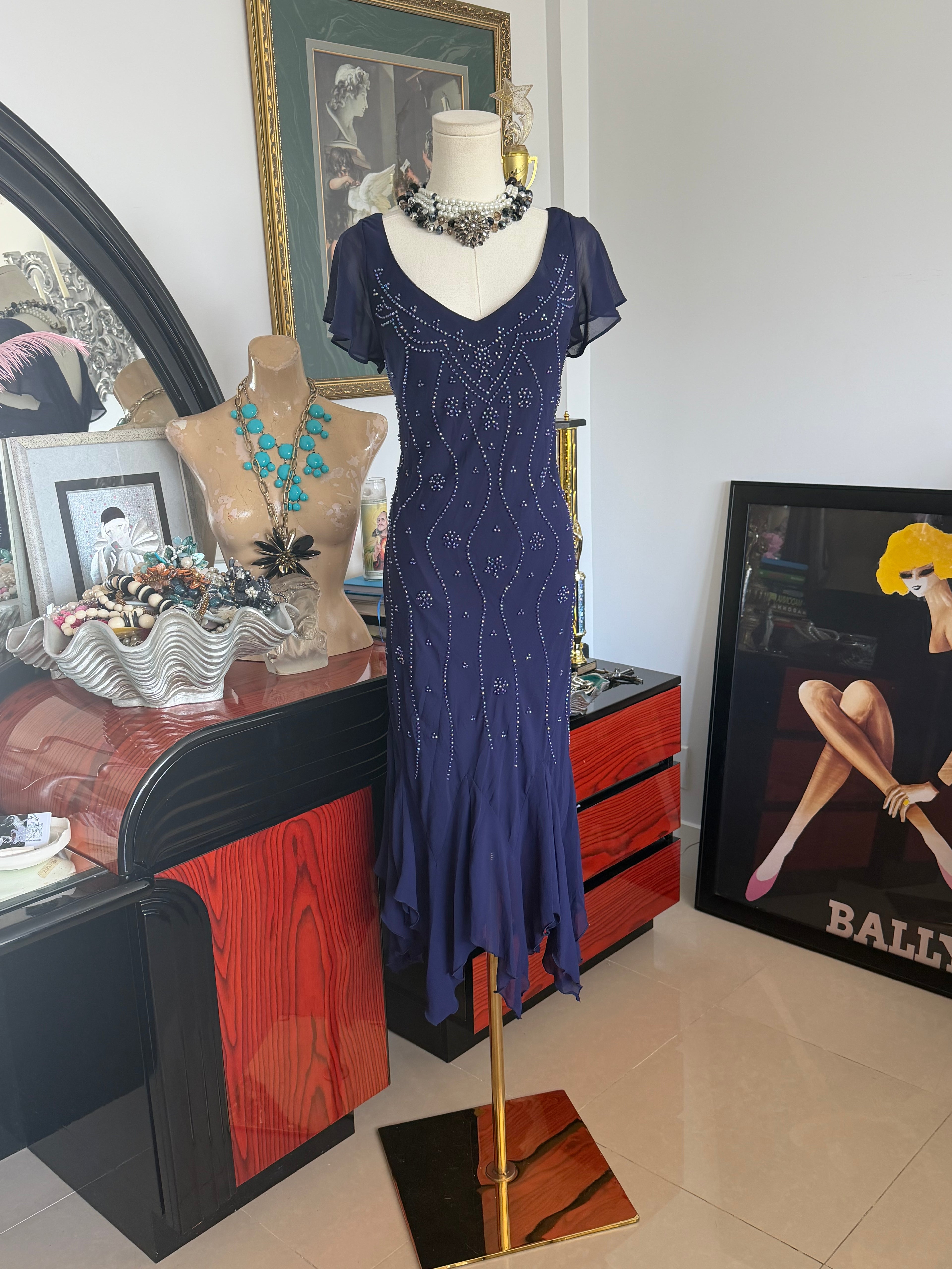 Metaphor navy beaded handkerchief hem evening dress | made in usa | size 12